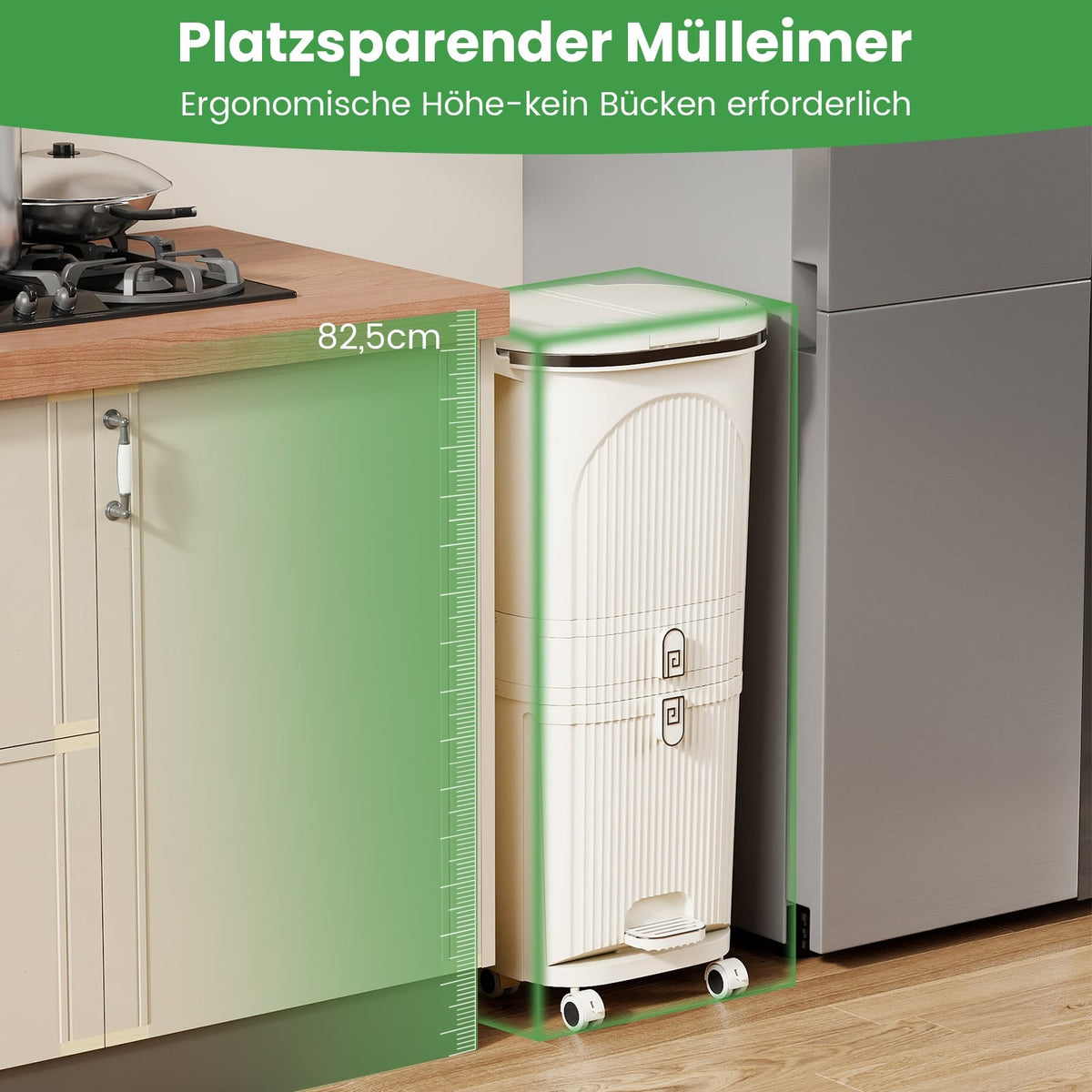 42L Kitchen Trash Bin with Lid, 3-Tier Sorter, Beige
