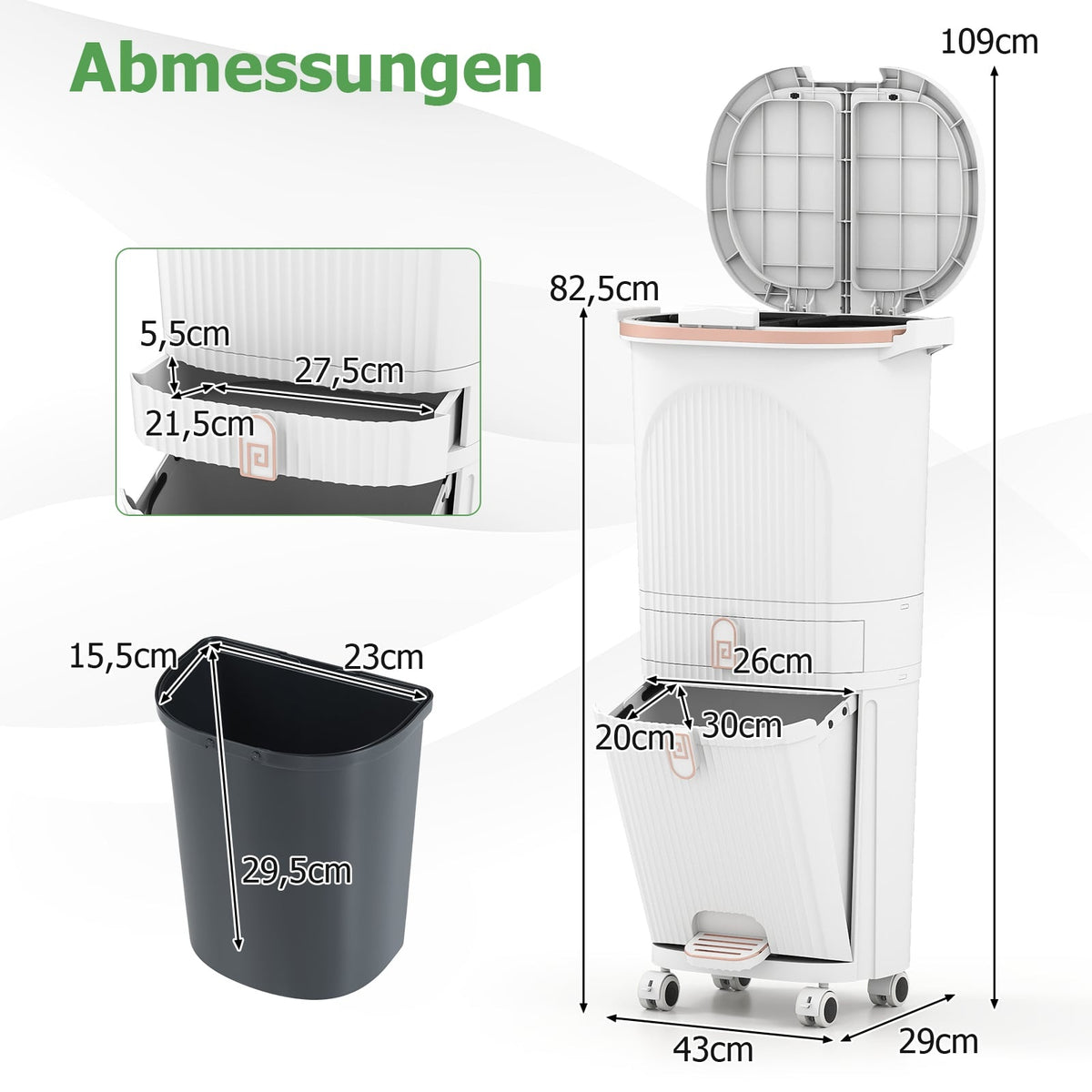 42L Kitchen Trash Can with Lid – 3-Tier Sorter, White