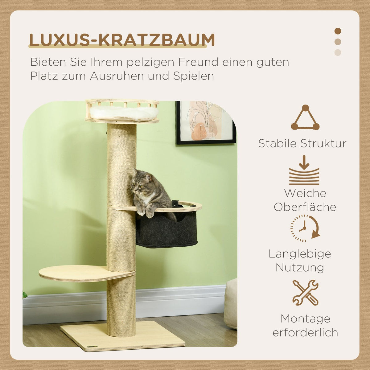 45" Scratching Post Climbing Tree With Hammock Cat Scratching Post Cat Tree With Jute Rope Posts Cat Bed Seating Platform Cat Furniture Natural
