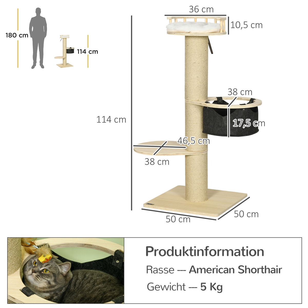 45" Scratching Post Climbing Tree With Hammock Cat Scratching Post Cat Tree With Jute Rope Posts Cat Bed Seating Platform Cat Furniture Natural