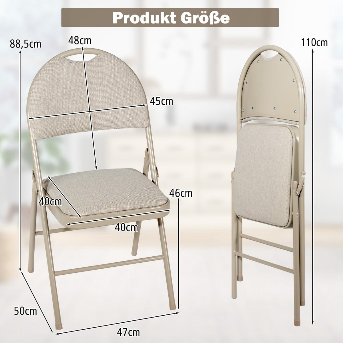 4 Beige Folding Chairs, Metal Frame, Padded Seat