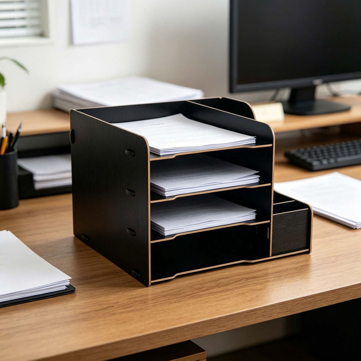 4-Compartment MDF Desk Organiser Tray, Dark Brown