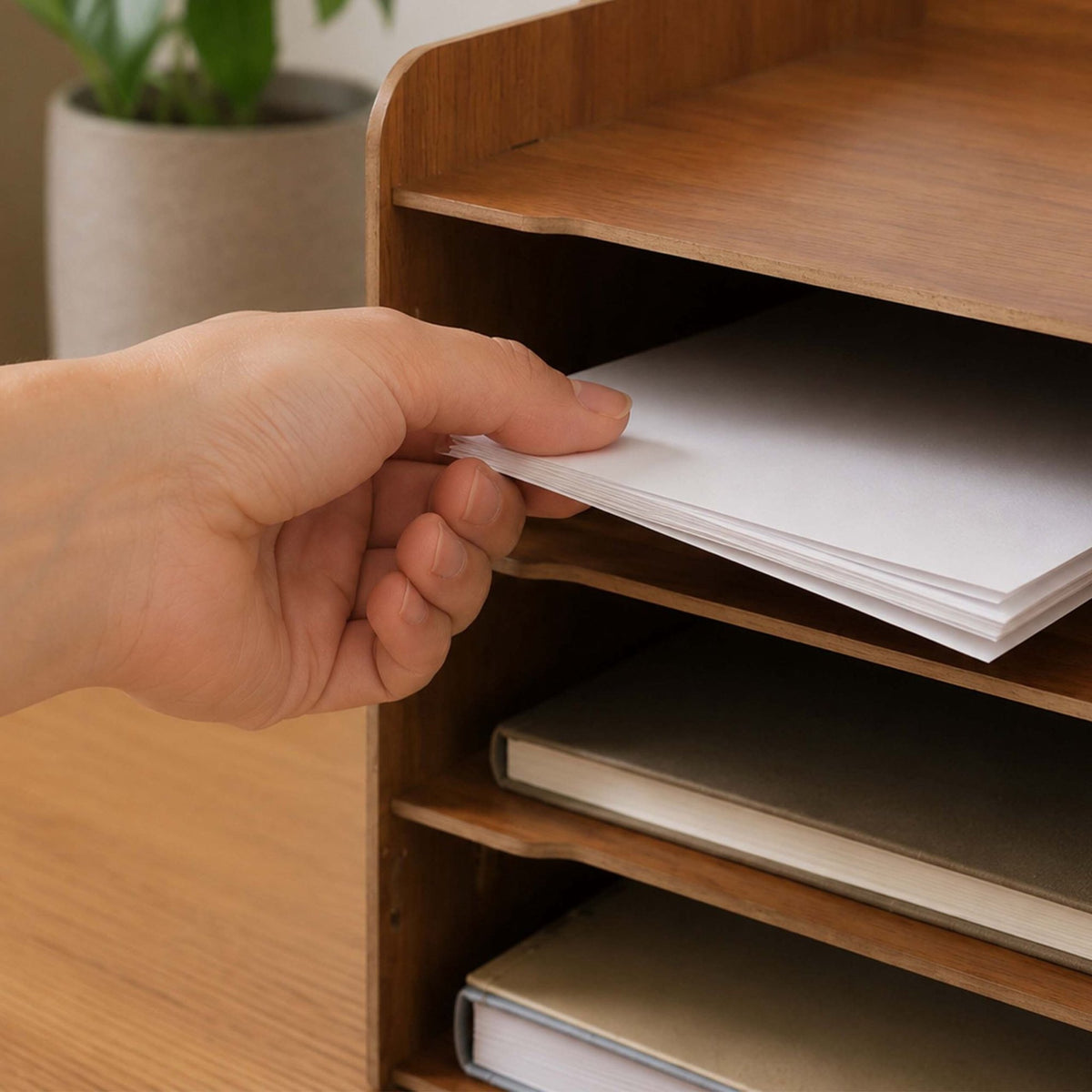 4-Compartment MDF Desk Organiser, Wood-Effect Finish