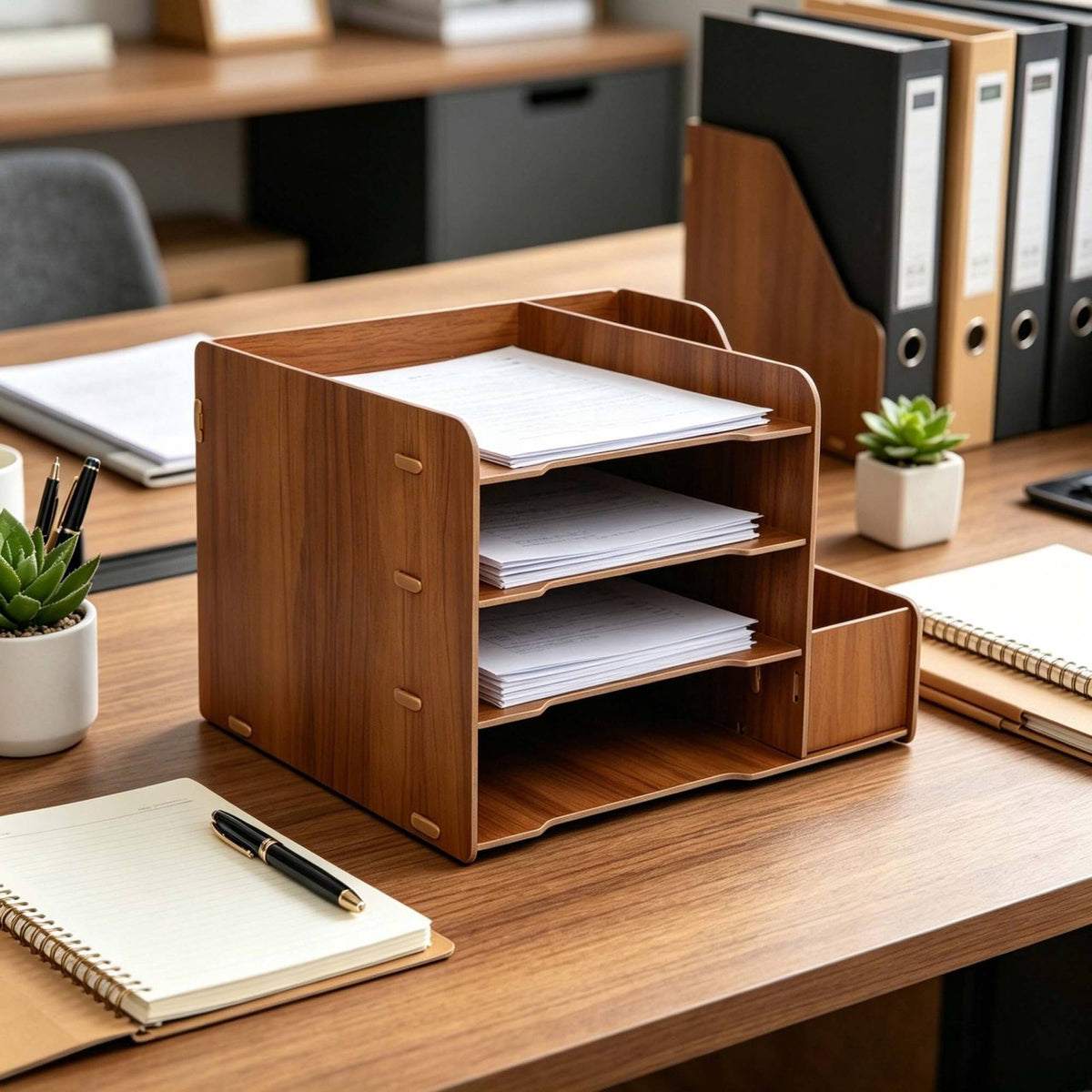 4-Compartment MDF Desk Organiser, Wood-Effect Finish