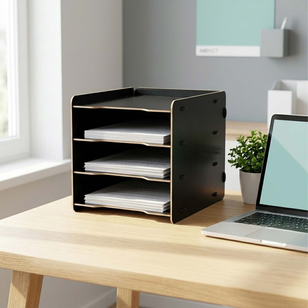 4-Compartment MDF File Tray, Dark Brown Wood-Effect
