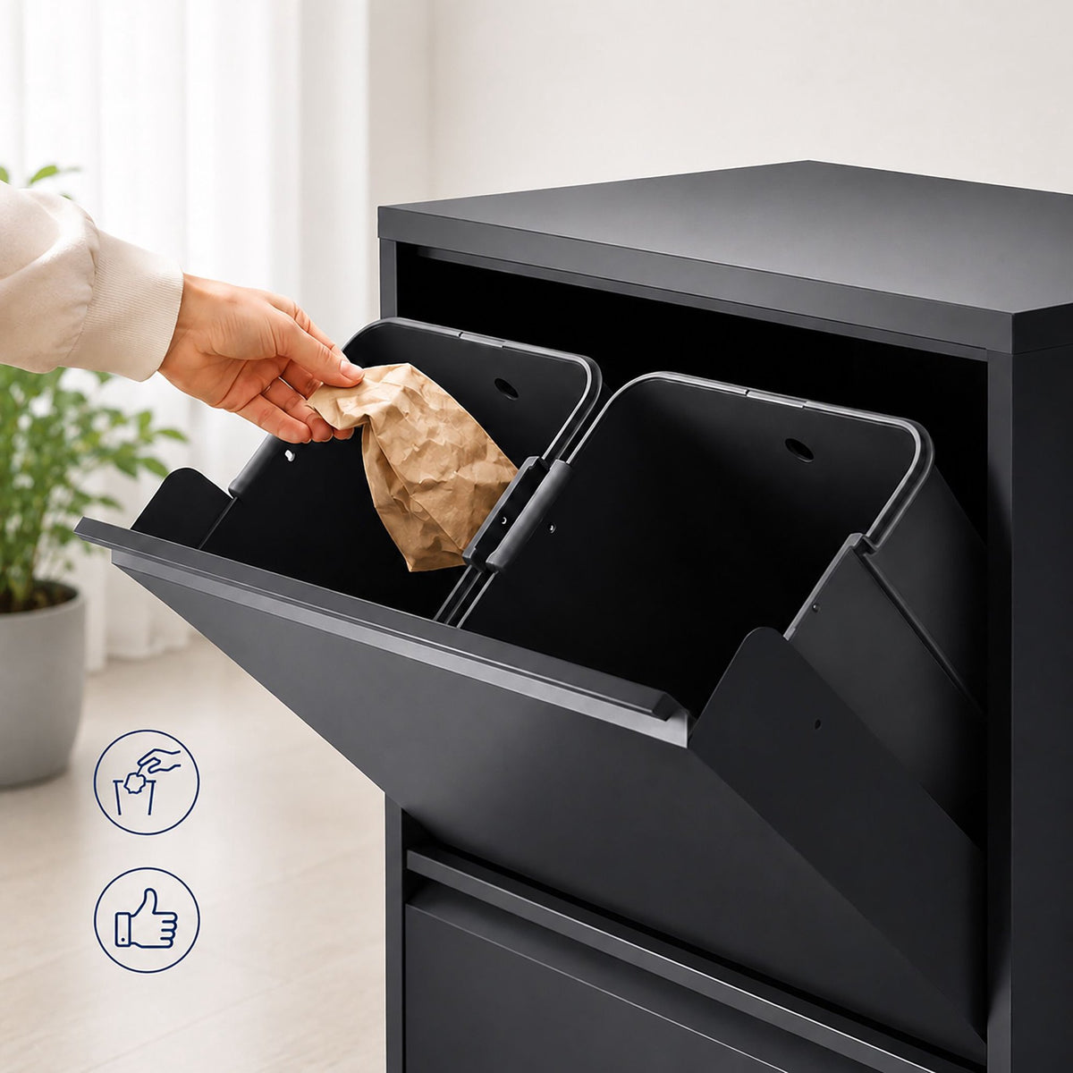 4-Compartment Waste Bin, 4x18L, Black Steel