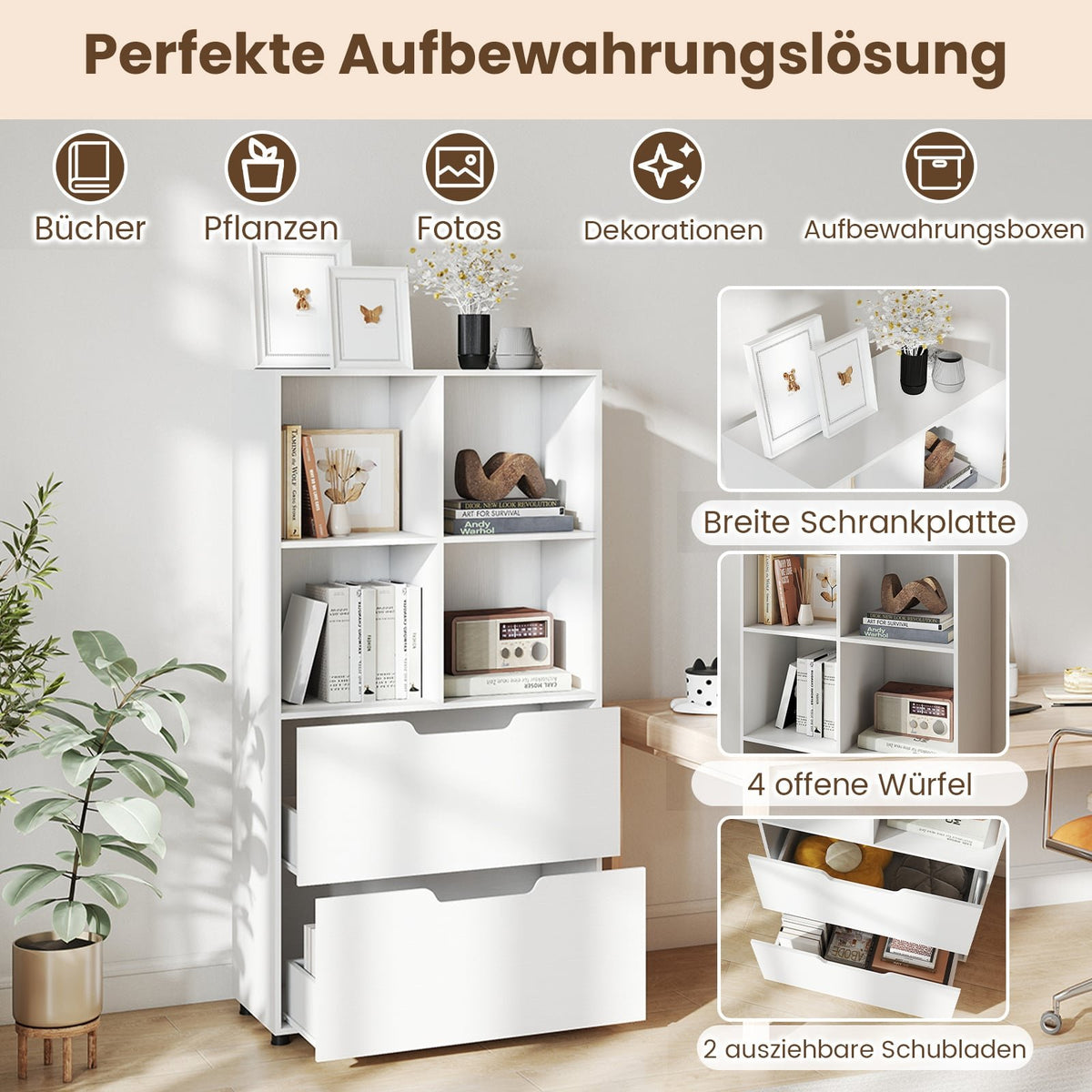 4-Cube Bookshelf with 2 Drawers, 130 cm, White