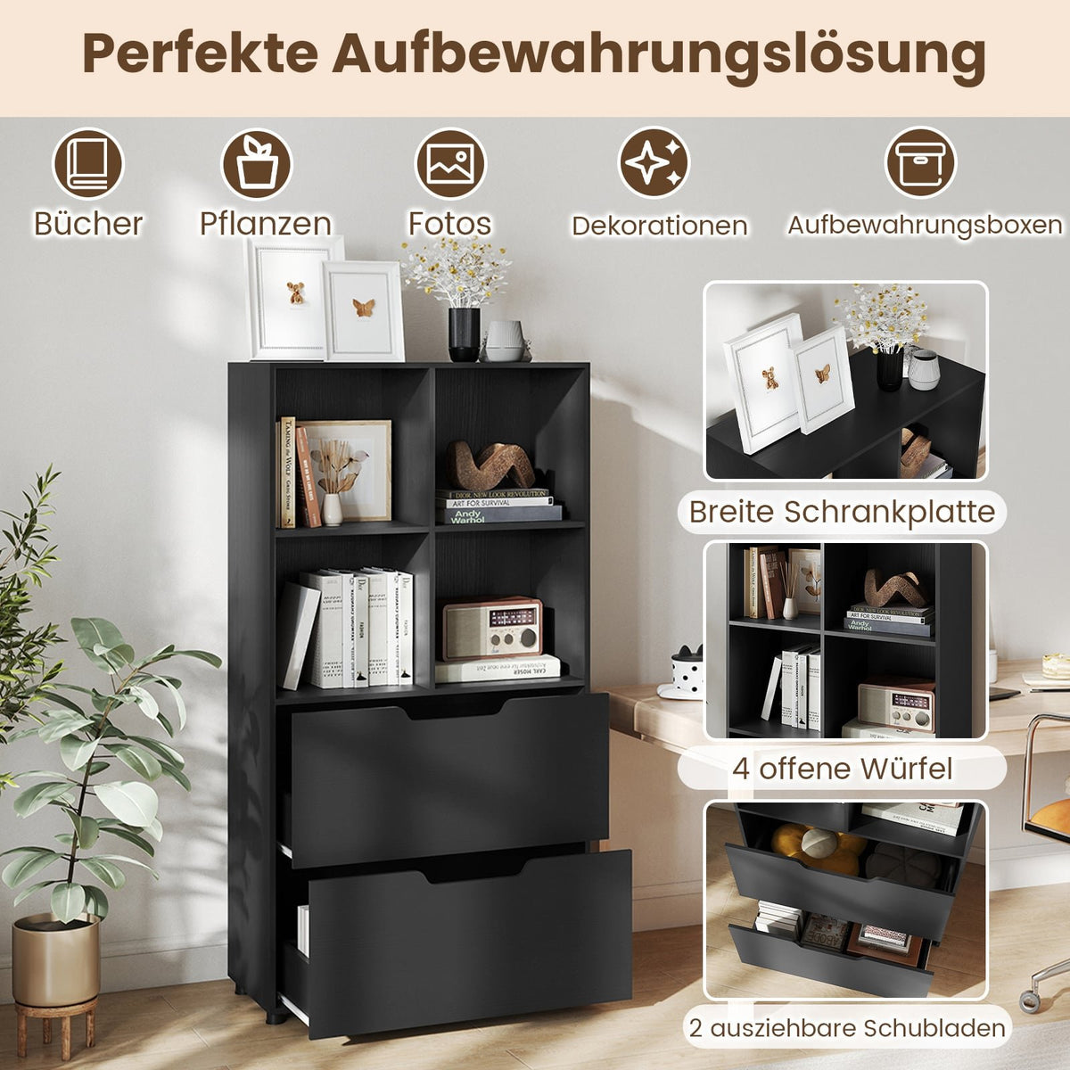 4-Cube Bookshelf with 2 Drawers, Black, 130 cm