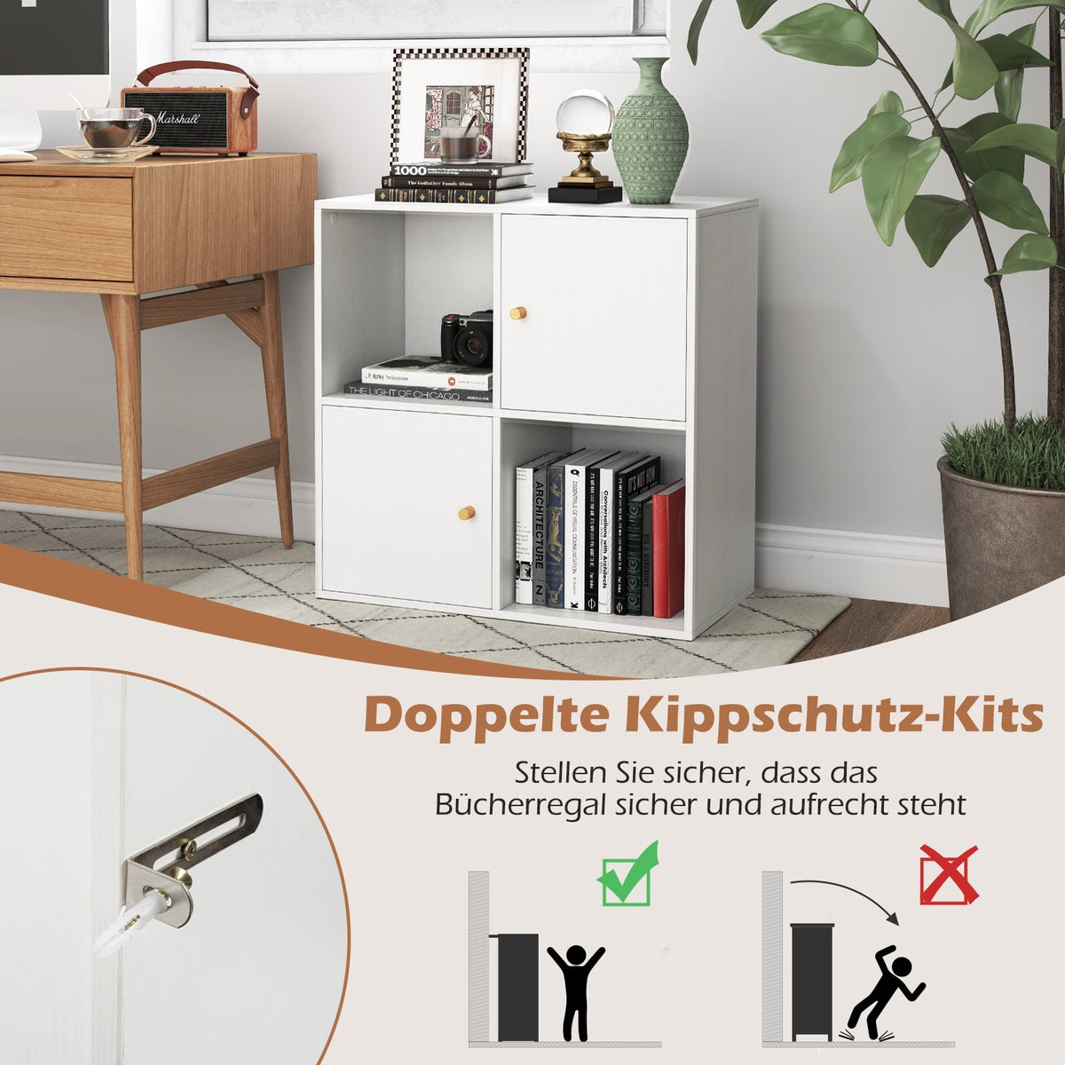 4-Cube Bookshelf with Safety Kit & 2 Doors, White