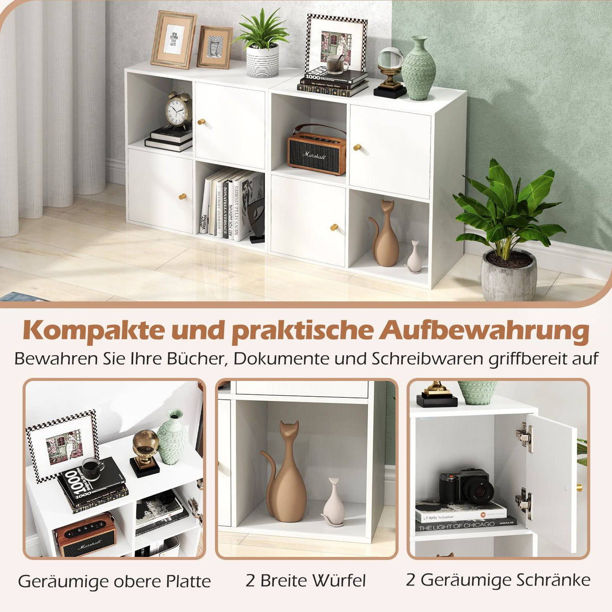 4-Cube Bookshelf with Safety Kit & 2 Doors, White