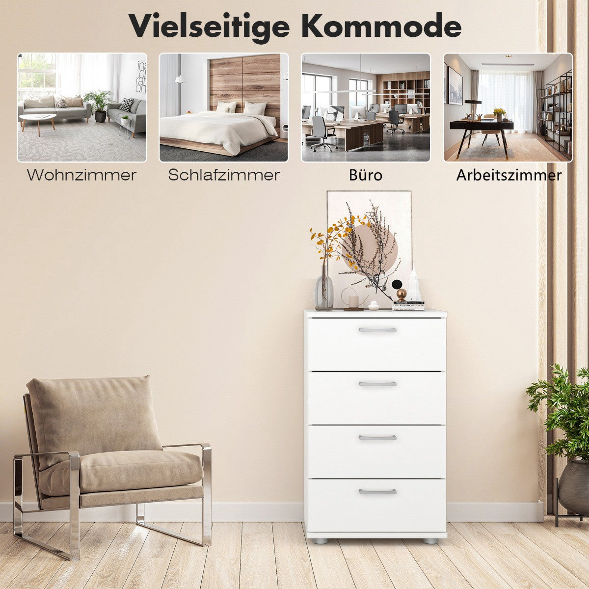 4-Drawer Chest of Drawers, Wood, 50 x 29 x 82 cm