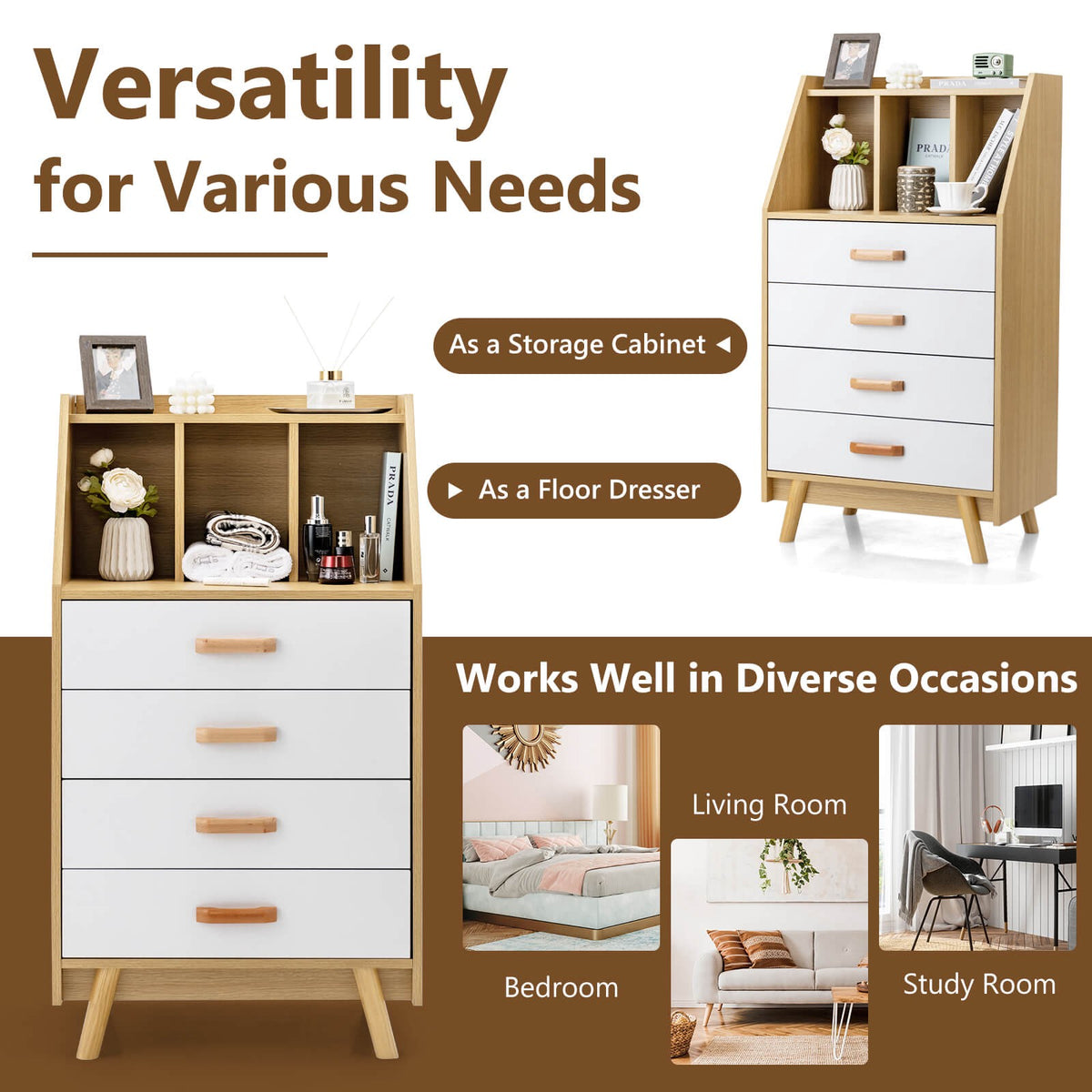 4-Drawer Dresser, Solid Wood, Anti-Tip, Open Shelf