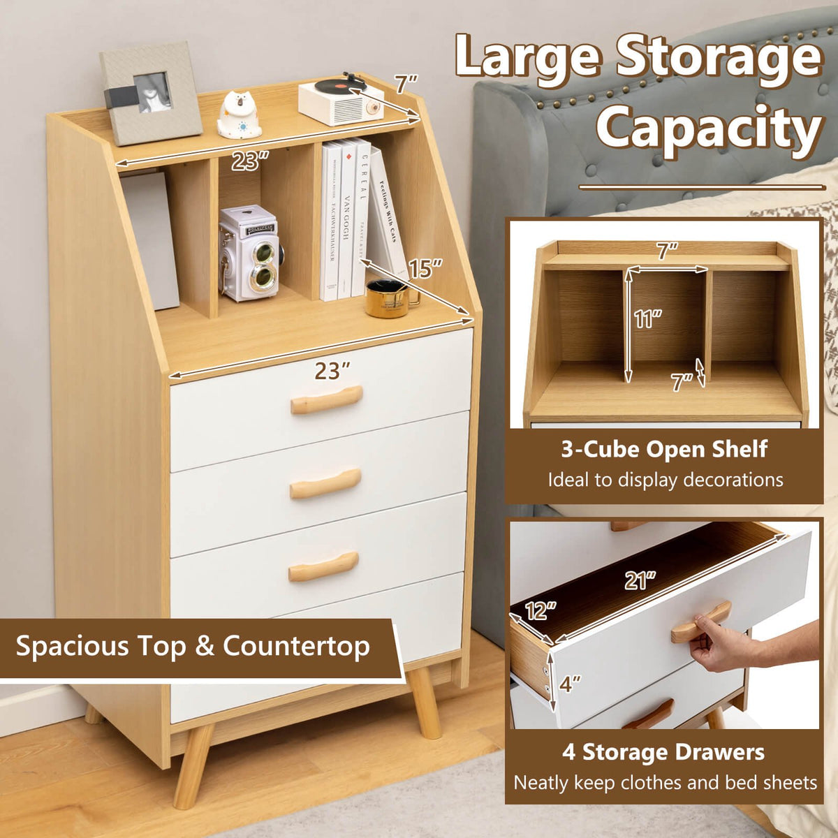 4-Drawer Dresser, Solid Wood, Anti-Tip, Open Shelf