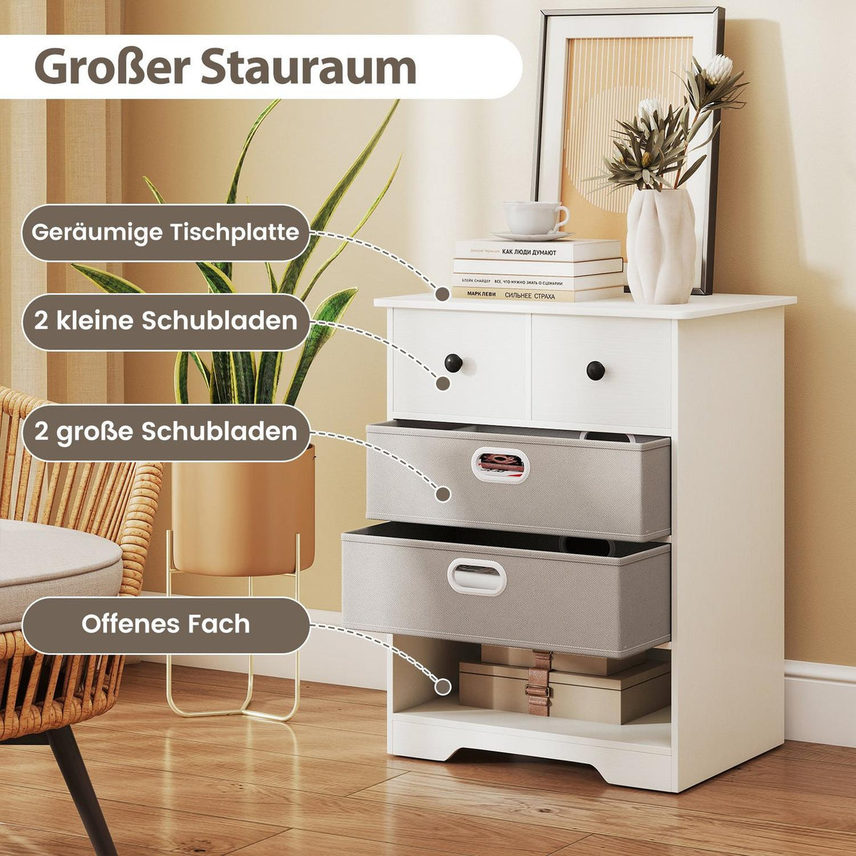 4-Drawer Dresser with Open Shelves, White, 58x42x75 cm