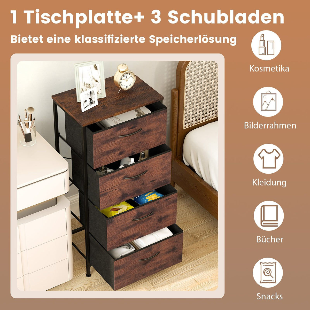 4-Drawer Dresser with Wood Top & Metal Frame, Rustic Brown