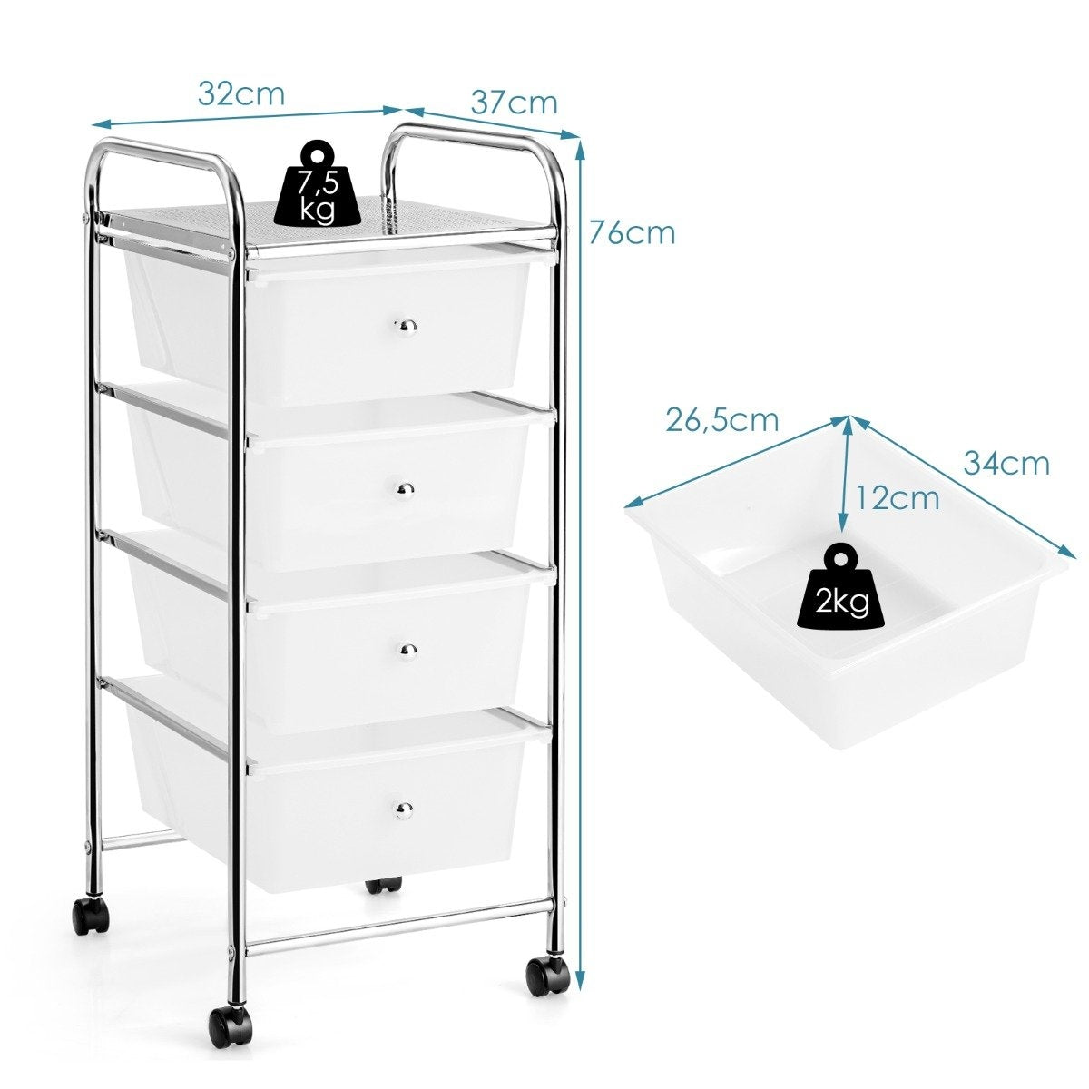 4-Drawer Rolling Storage Cart with Metal Frame, Clear