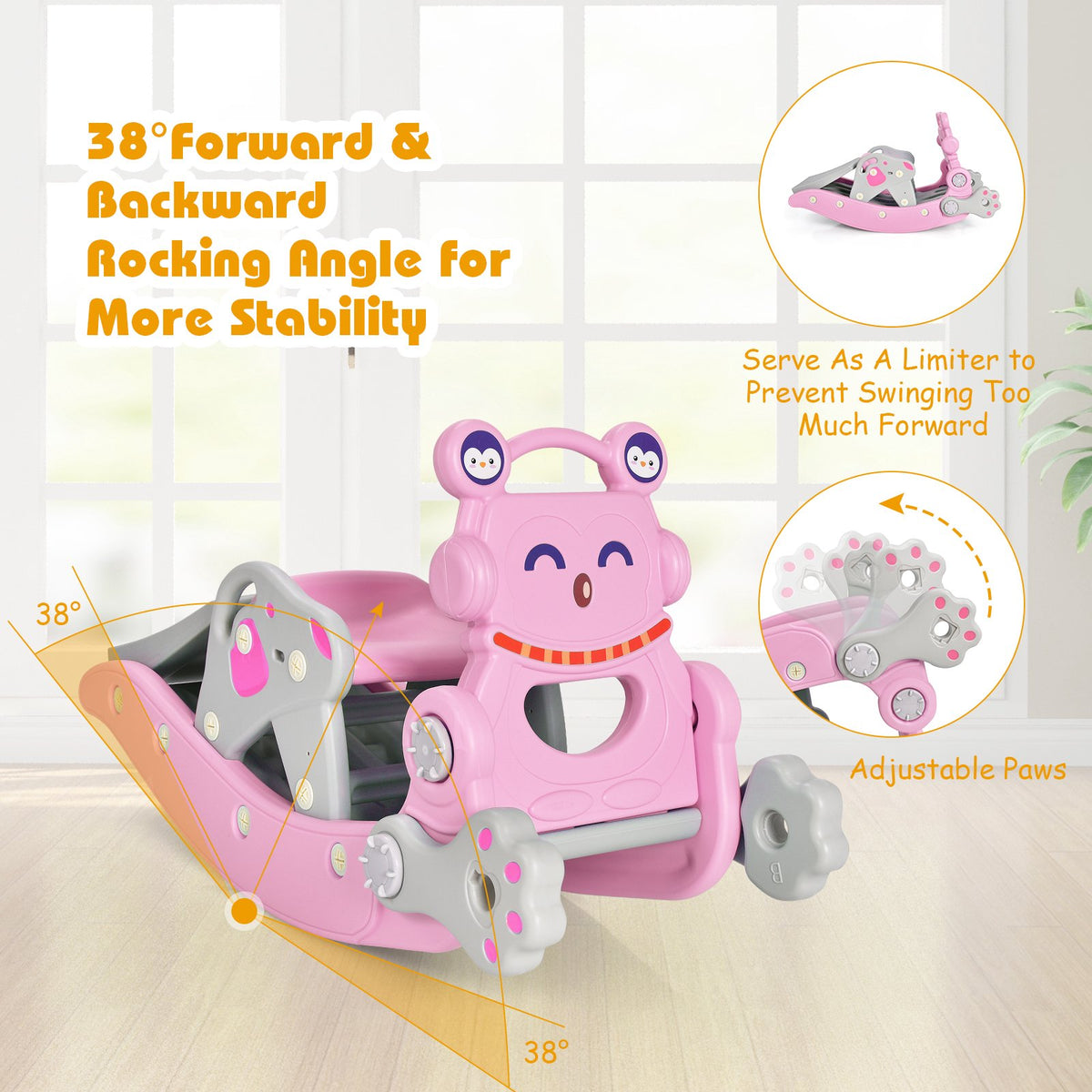 4-In-1 Rocking Horse Slide Set, Pink, Basketball Hoop