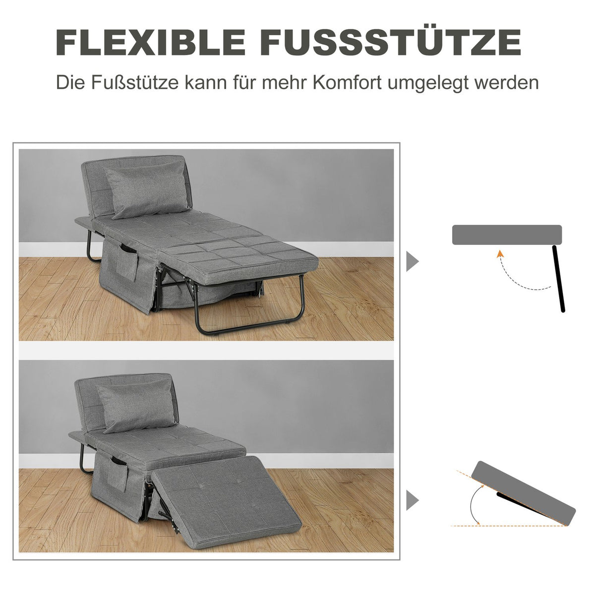 4-In-1 Single Bed Guest Bed Folding Bed Armchair Ottoman, 8 Cm Mattress, 5-Level Height Adjustable, Steel Frame, 188X75X38Cm