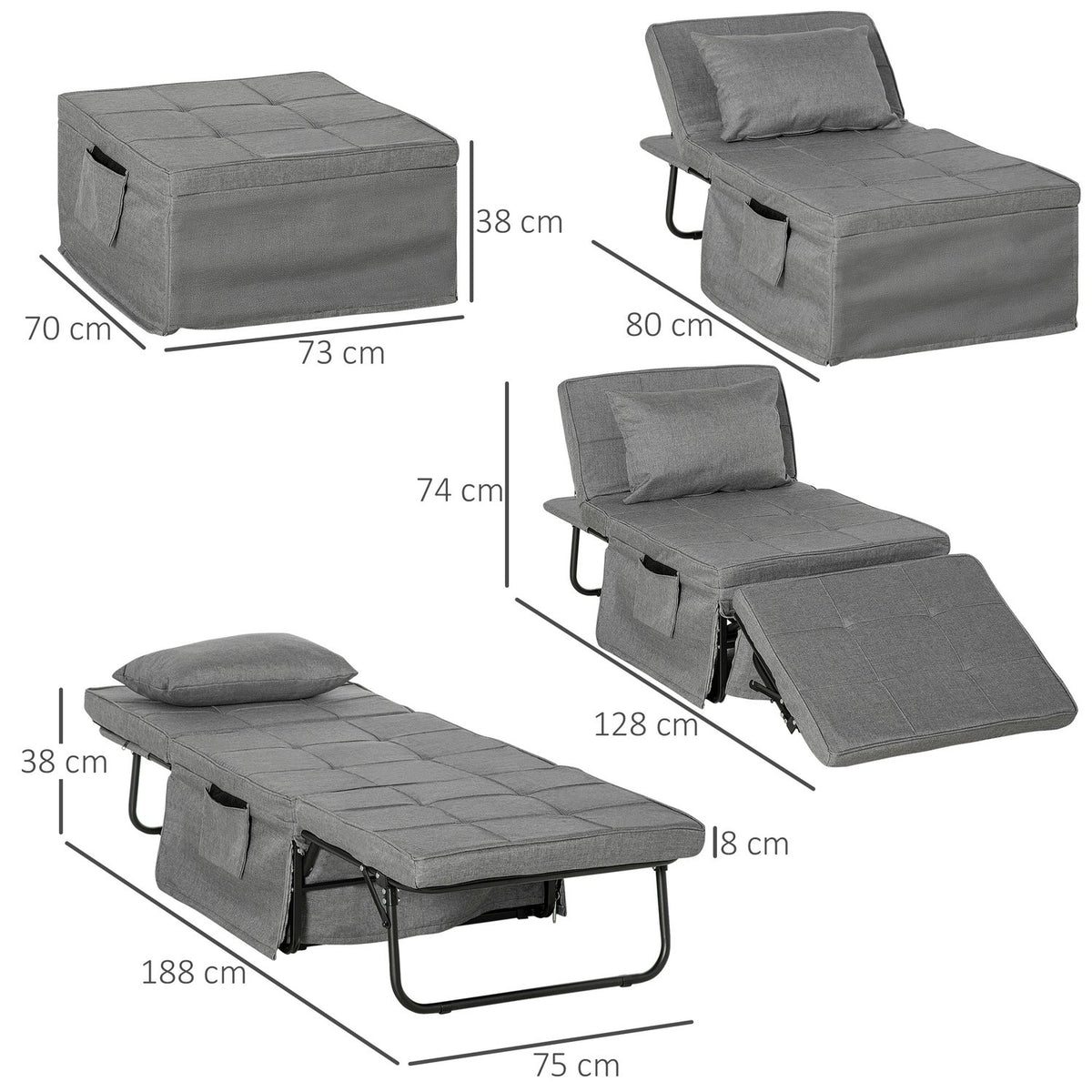 4-In-1 Single Bed Guest Bed Folding Bed Armchair Ottoman, 8 Cm Mattress, 5-Level Height Adjustable, Steel Frame, 188X75X38Cm