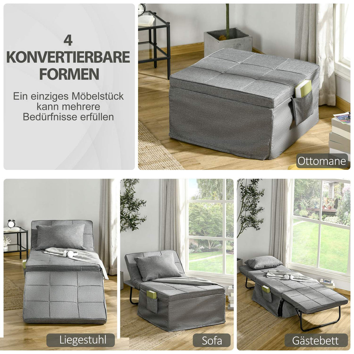 4-In-1 Single Bed Guest Bed Folding Bed Armchair Ottoman, 8 Cm Mattress, 5-Level Height Adjustable, Steel Frame, 188X75X38Cm