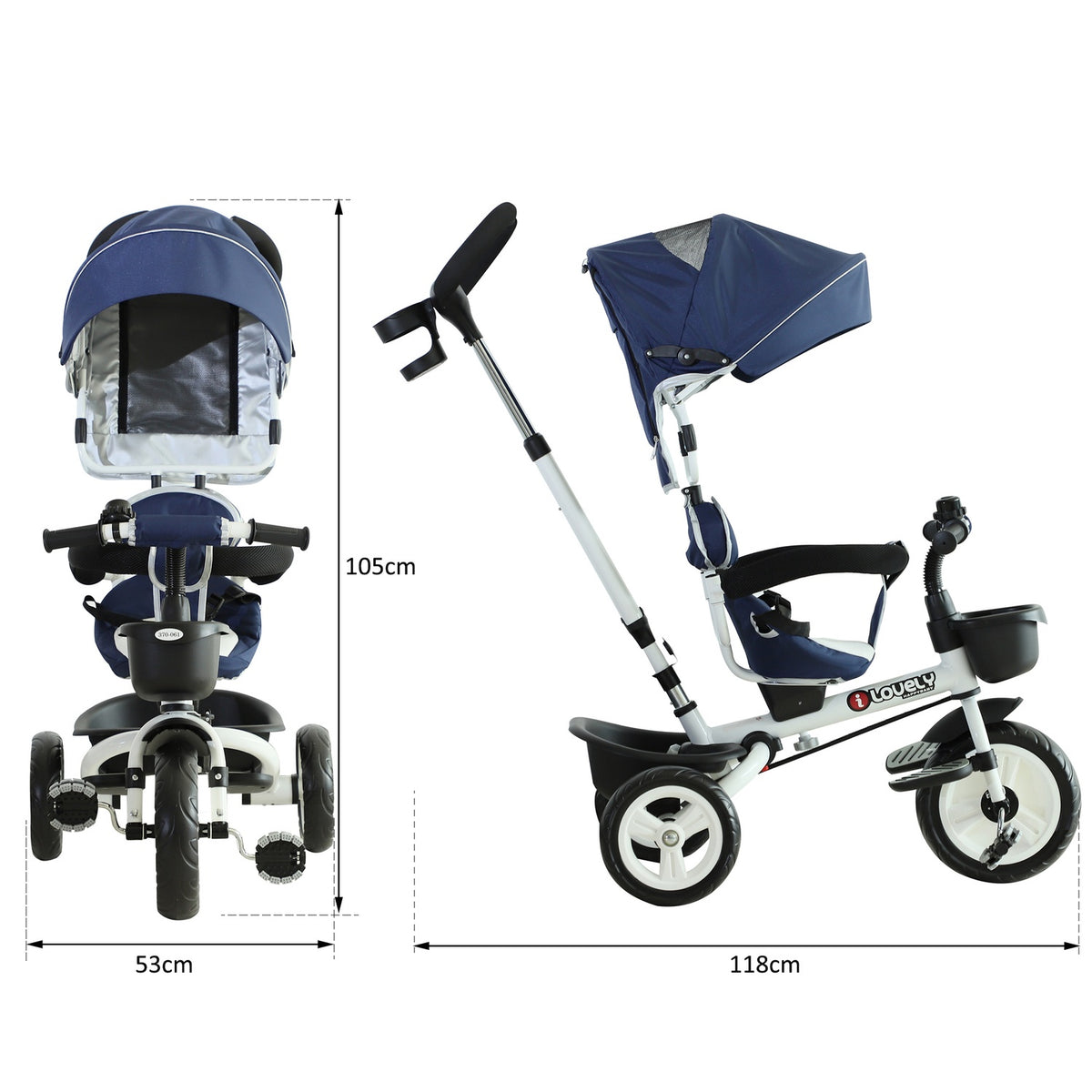4-In-1 Tricycle Children'S Car Children'S Tricycle Children'S Bicycle With Seat Belt And Sun Canopy Aluminum Metal Plastic Blue
