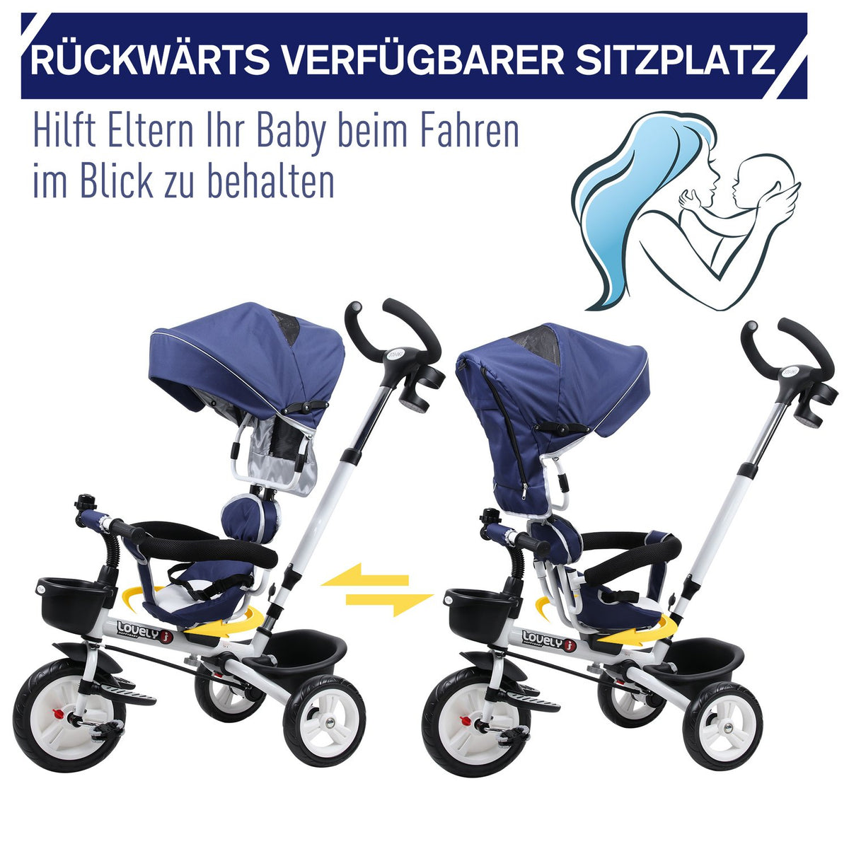 4-In-1 Tricycle Children'S Car Children'S Tricycle Children'S Bicycle With Seat Belt And Sun Canopy Aluminum Metal Plastic Blue