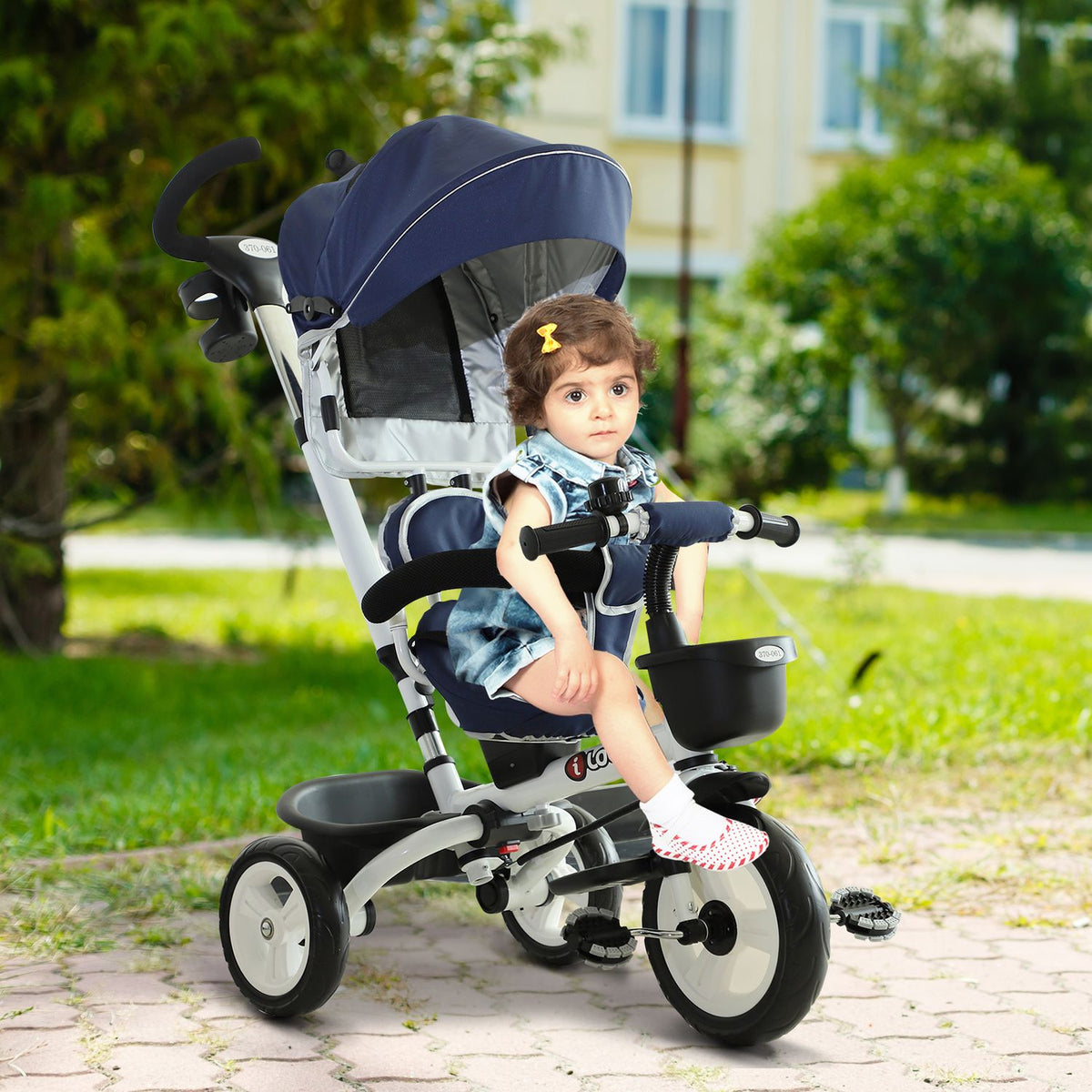4-In-1 Tricycle Children'S Car Children'S Tricycle Children'S Bicycle With Seat Belt And Sun Canopy Aluminum Metal Plastic Blue