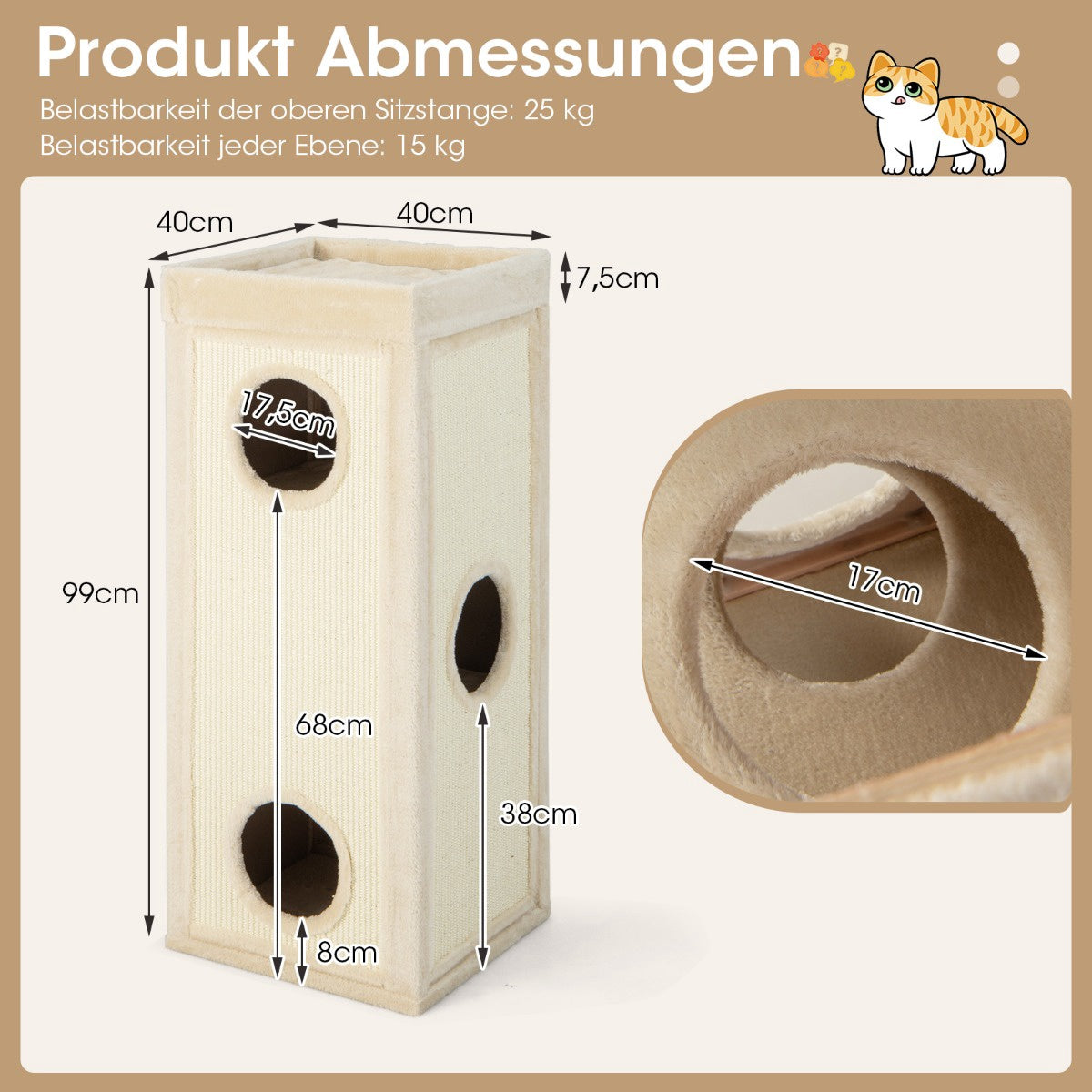 4-Level Cat Tower with 3 Hideouts & Cushions, Natural