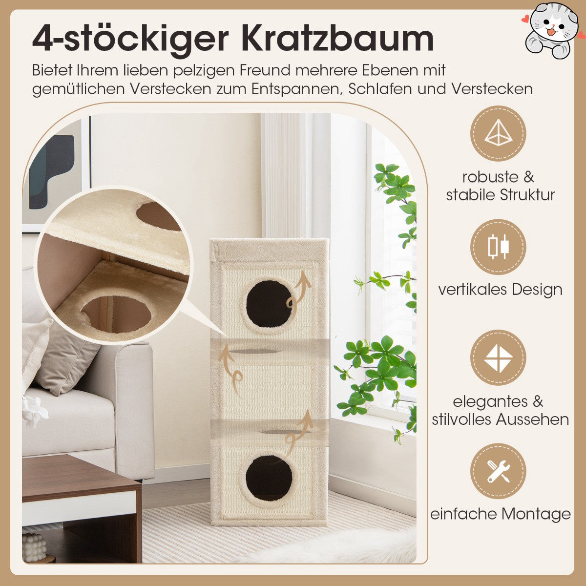 4-Level Cat Tower with 3 Hideouts & Cushions, Natural
