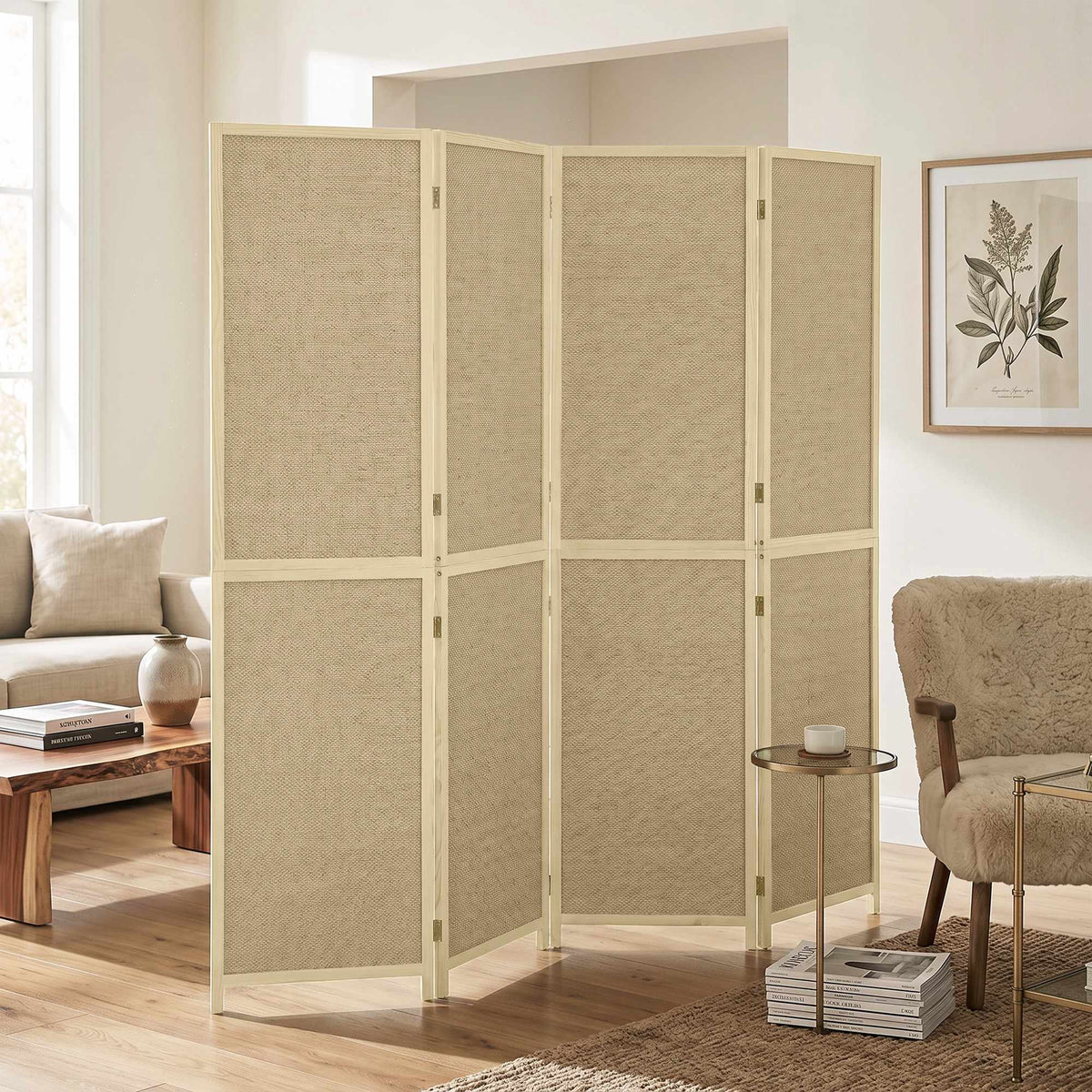4-Panel Bamboo Room Divider, Handwoven, 180x180 cm, Natural
