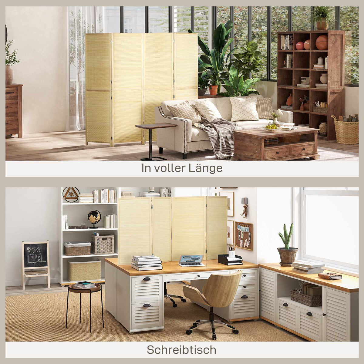 4-Panel Bamboo Room Divider, Natural Wood Finish