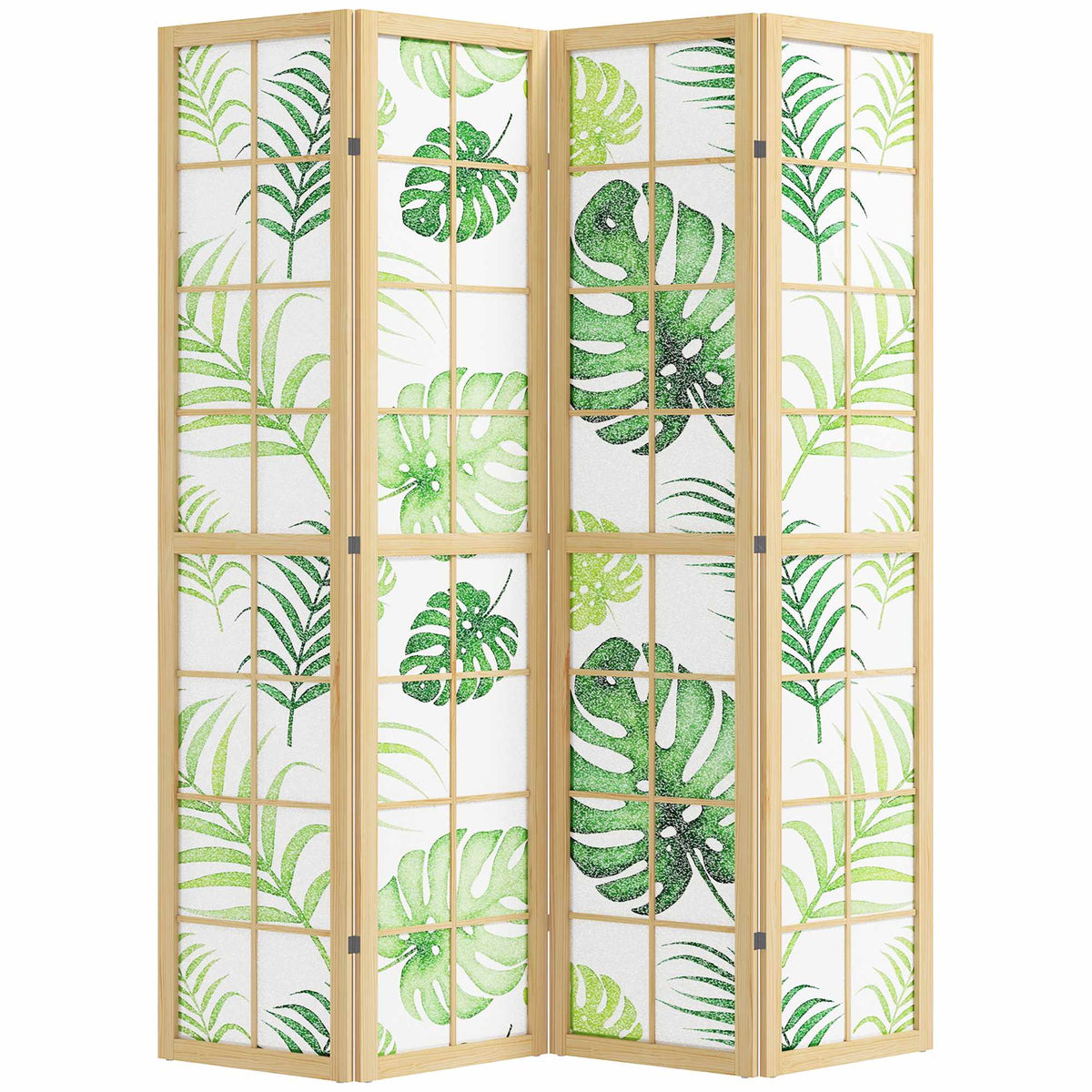 4-Panel Folding Room Divider, Boho Palm Design, Green