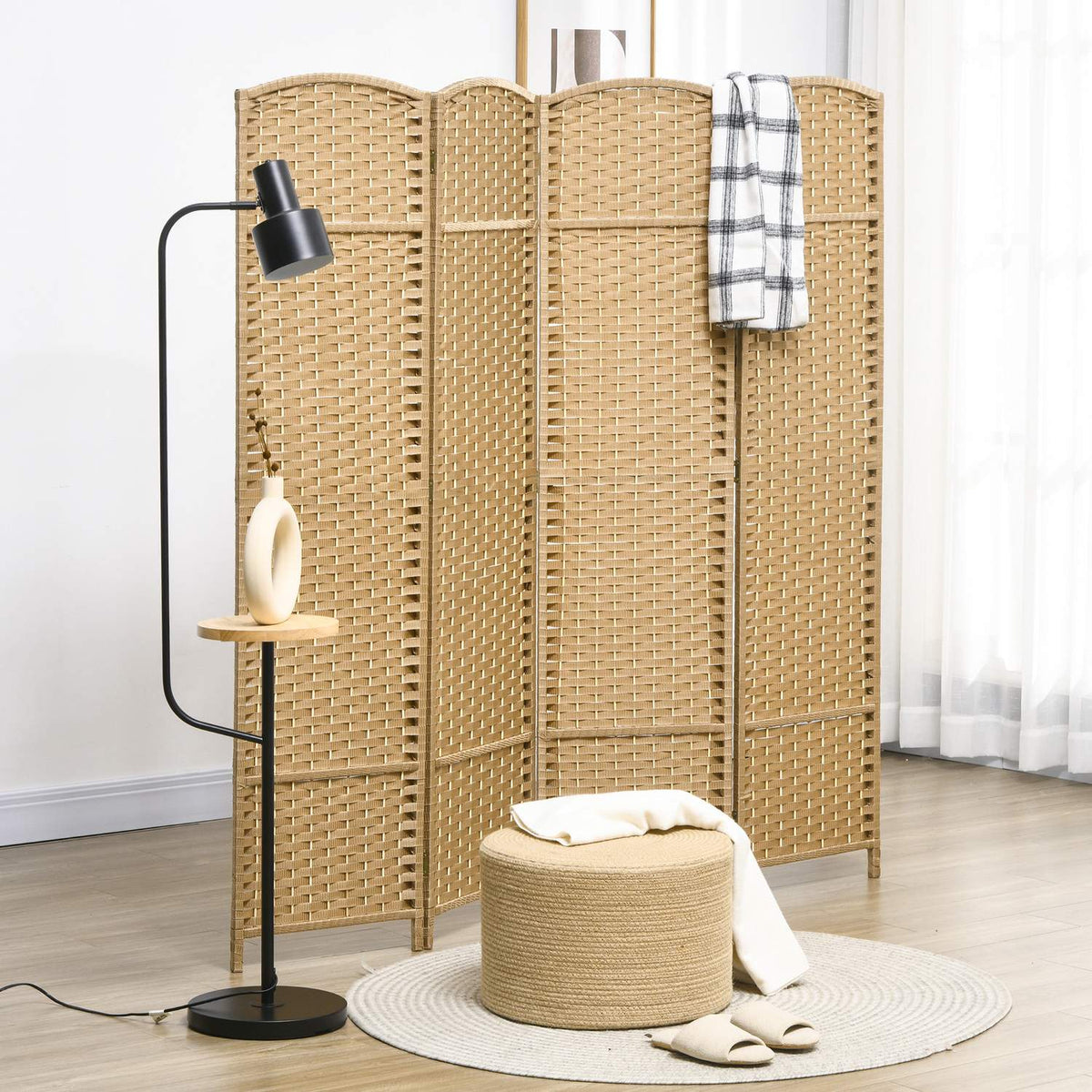 4-Panel Folding Room Divider, Natural Wood, Privacy Screen