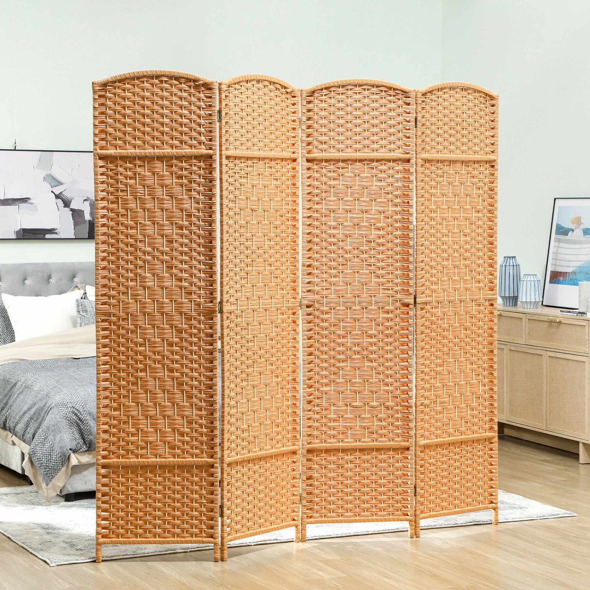 4-Panel Folding Room Divider, Polypropylene, Pine Wood