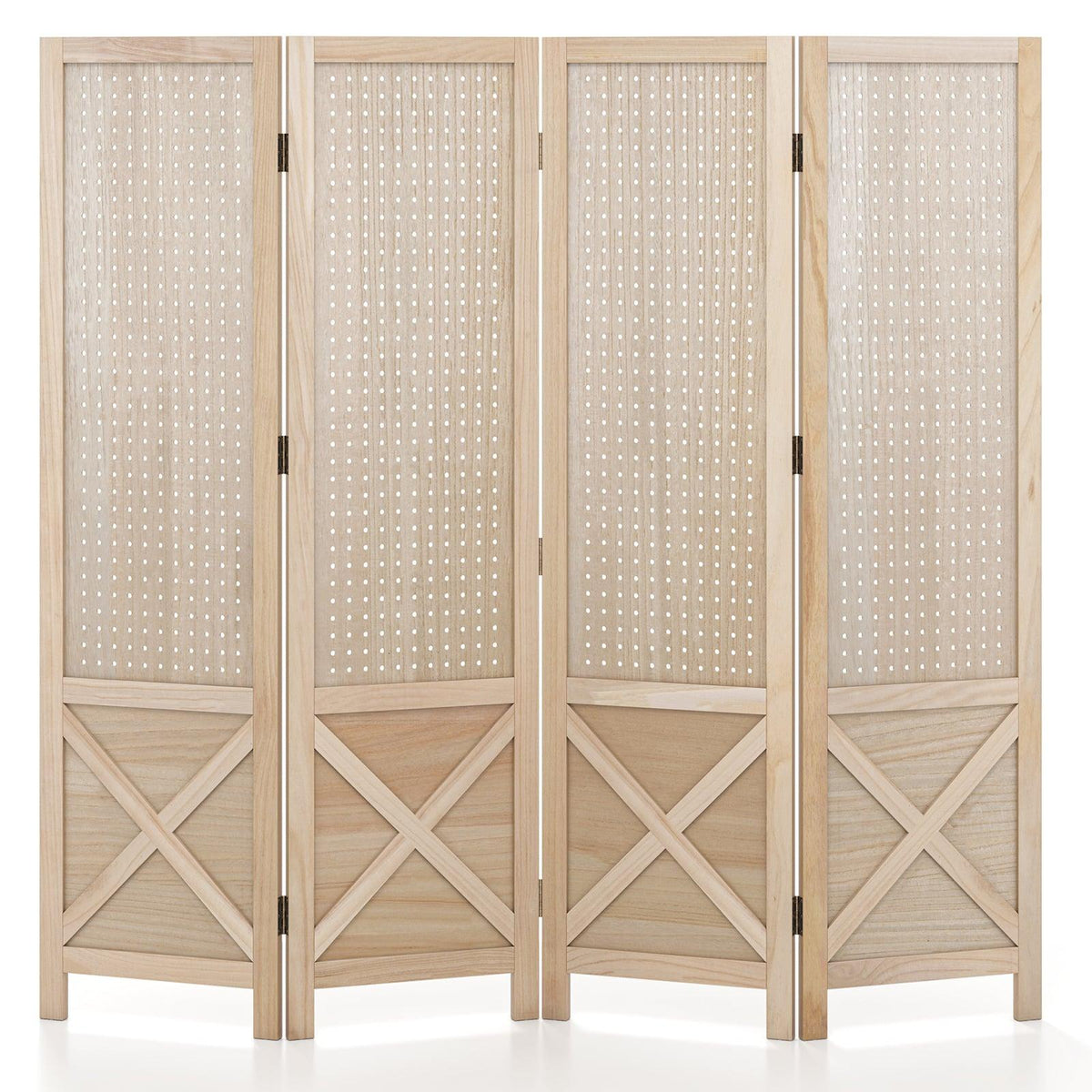 4-Panel Folding Room Divider with Pegboard, Natural Wood