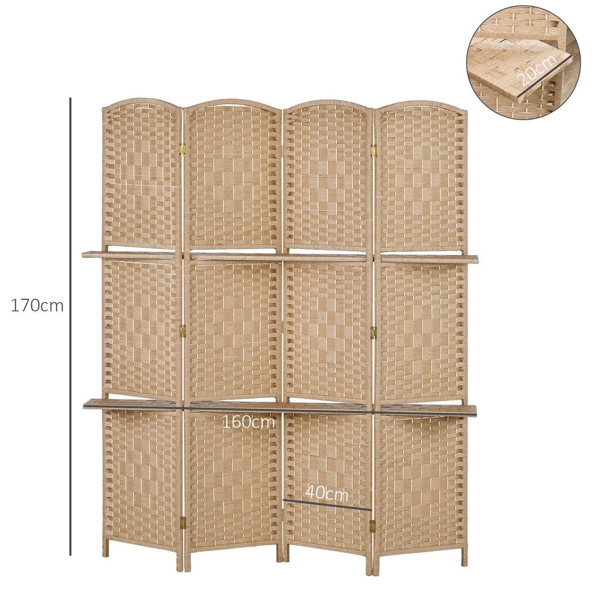 4-Panel Folding Room Divider with Shelves, Natural Wood