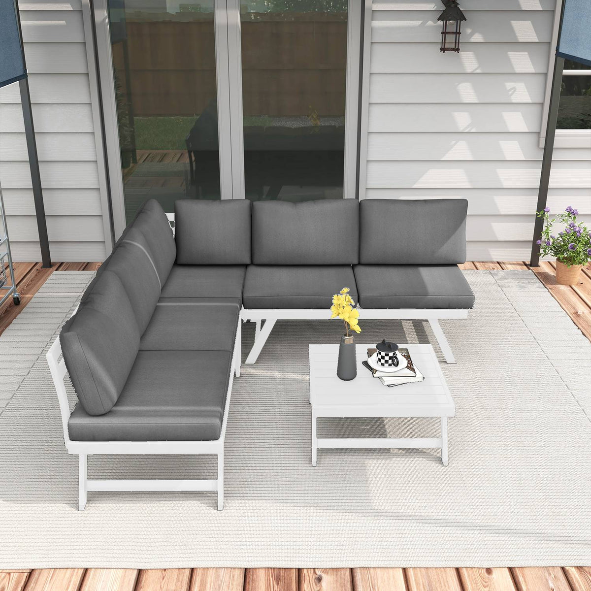 4 Pcs. Garden Furniture Set, Balcony Furniture Set With Corner Sofa, Double Sofa, Coffee Table, Garden Lounge Set With Seat Cushion, Gray