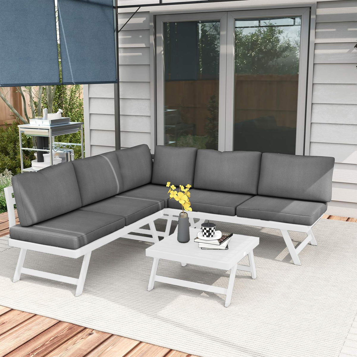 4 Pcs. Garden Furniture Set, Balcony Furniture Set With Corner Sofa, Double Sofa, Coffee Table, Garden Lounge Set With Seat Cushion, Gray
