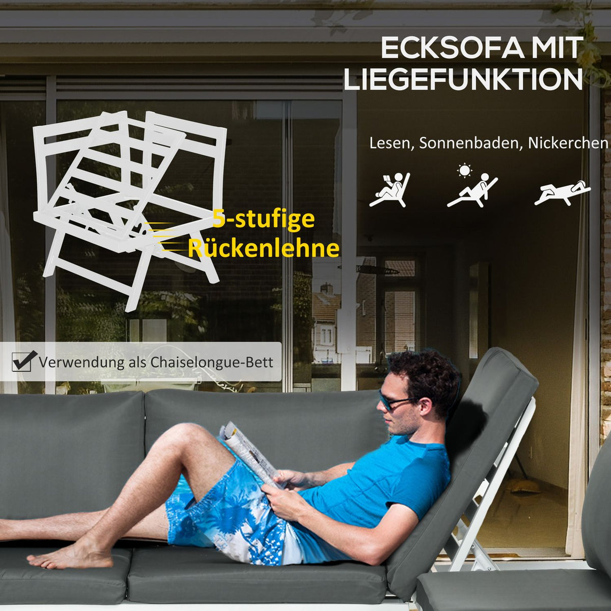 4 Pcs. Garden Furniture Set, Balcony Furniture Set With Corner Sofa, Double Sofa, Coffee Table, Garden Lounge Set With Seat Cushion, Gray
