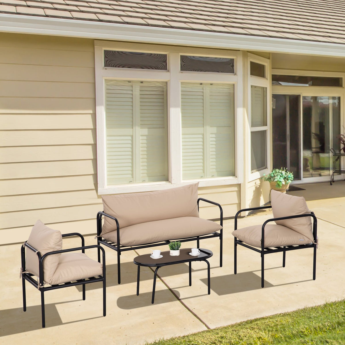 4 Pcs. Garden Furniture Set, Garden Set With 2 Armchairs, 1 Coffee Table Made Of Tempered Glass, 1 Two-Seater, Seating Area With Cushions, Steel, Khaki
