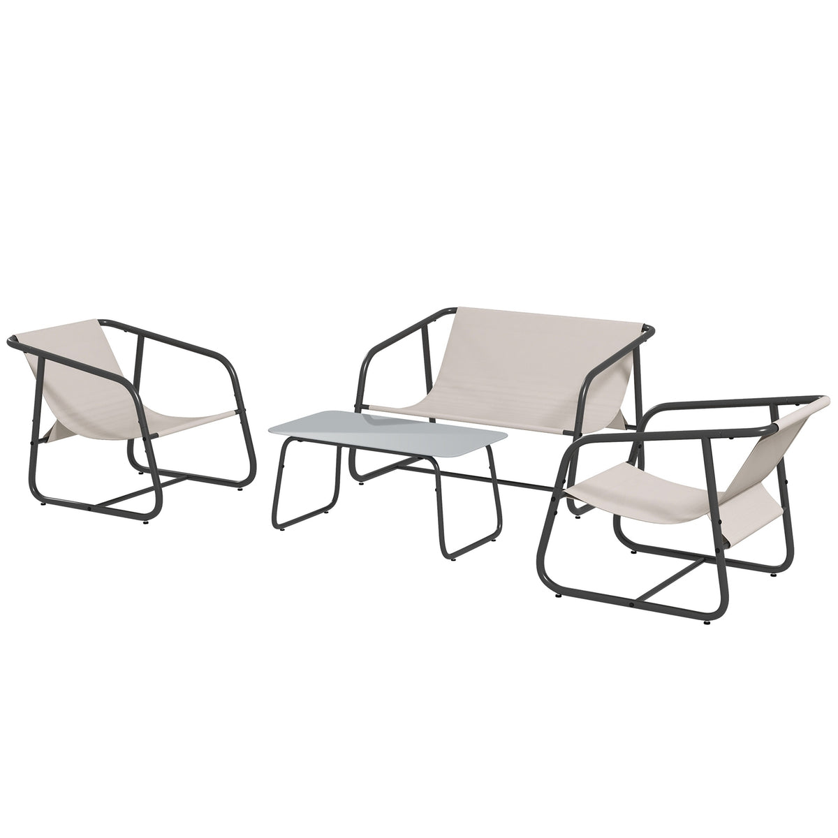 4 Pcs. Garden Furniture Set, Seating Group With 2 Armchairs, 1 Two-Seater, 1 Coffee Table Made Of Tempered Glass, Garden Furniture For Balcony, Terrace, Mesh, Cream