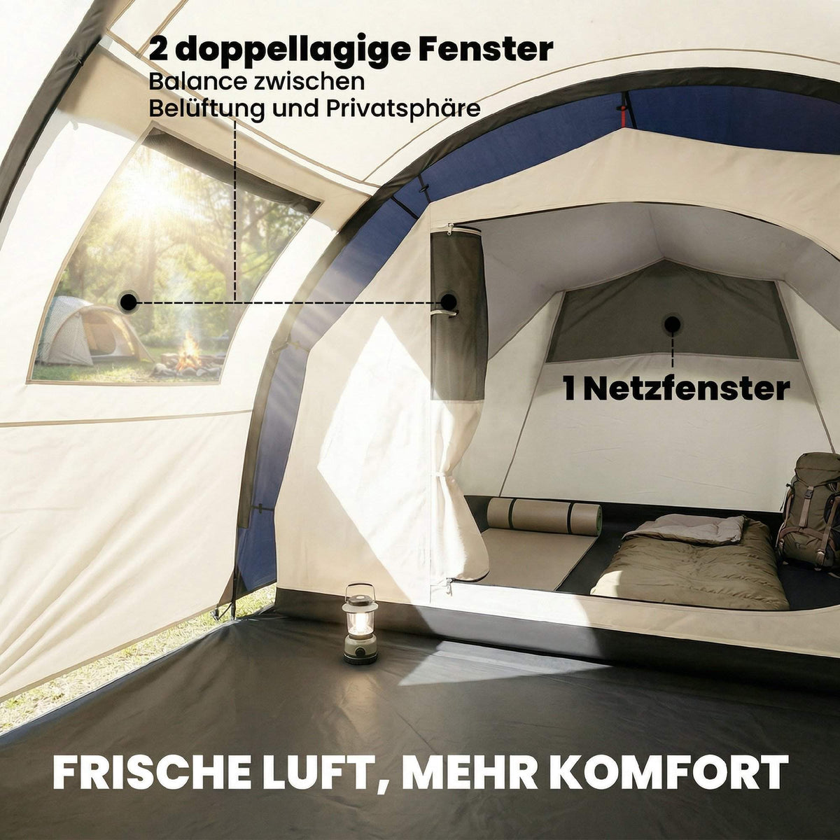4-Person Family Tunnel Tent with Living Area, 3000mm Waterproof