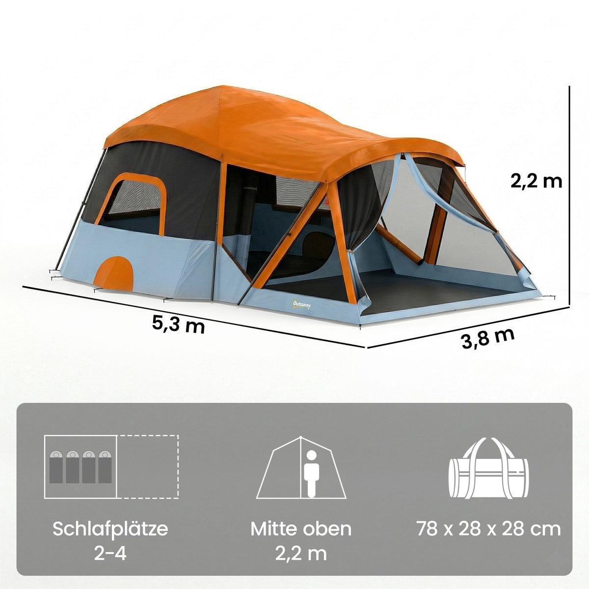 4-Person Family Tunnel Tent with Living Room & Skylights