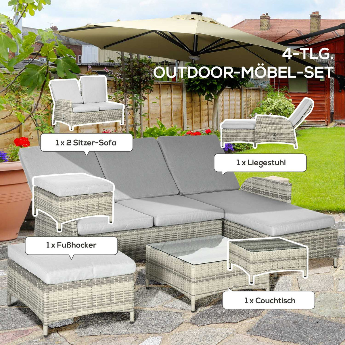 4 Person Pe Rattan Garden Furniture Set Weather Resistant Removable Gray Covers