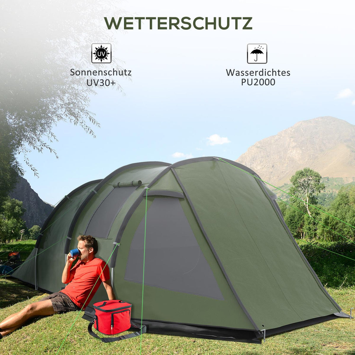 4 Person Tunnel Tent Camping Tent With Uv Protection Window Family Tent With Carry Bag 2000Mm Hydrostatic Head Trekking Green