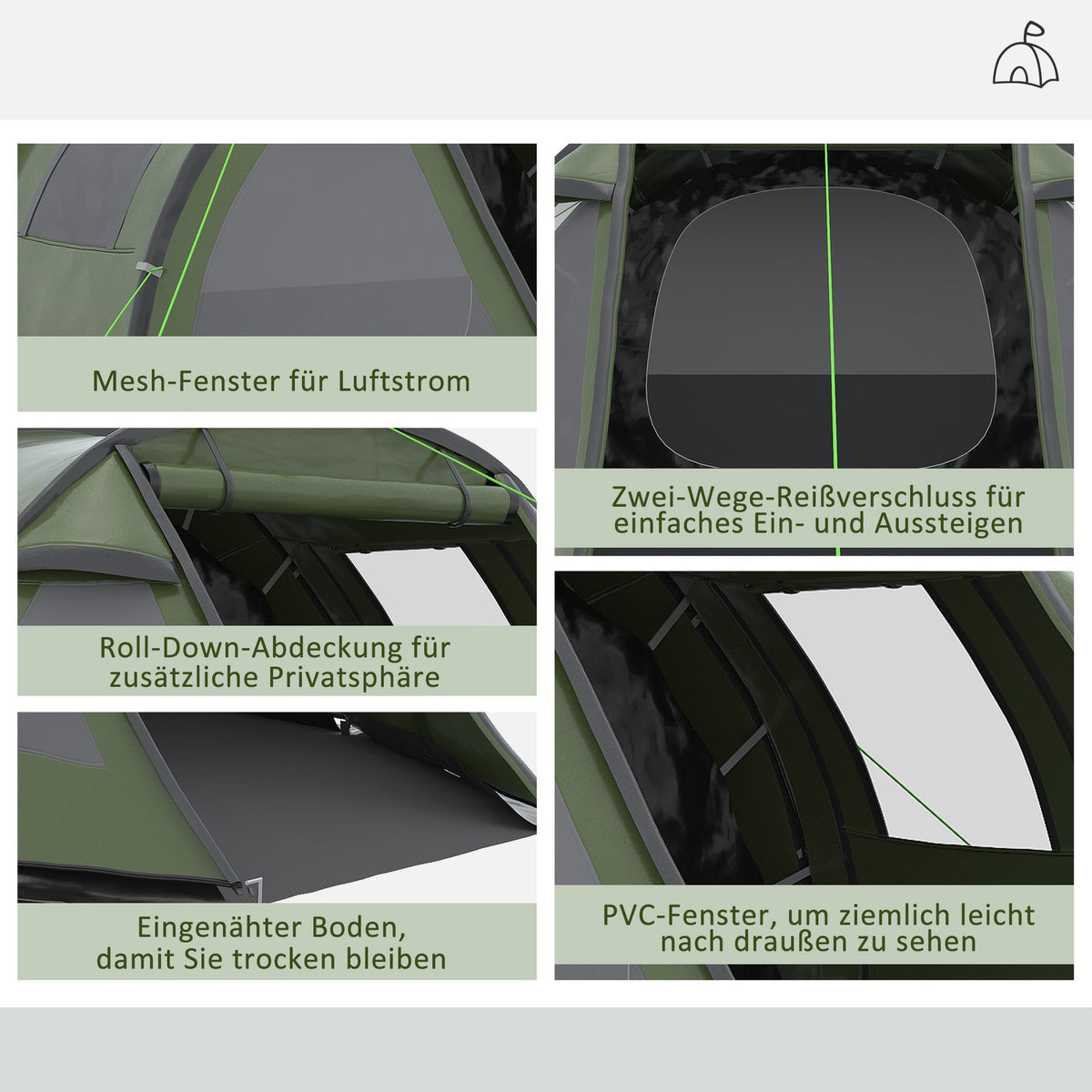 4 Person Tunnel Tent Camping Tent With Uv Protection Window Family Tent With Carry Bag 2000Mm Hydrostatic Head Trekking Green