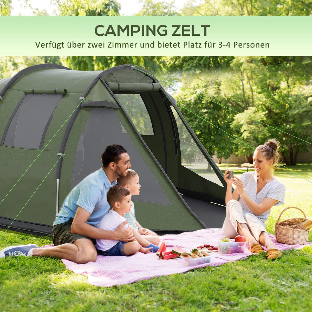 4 Person Tunnel Tent Camping Tent With Uv Protection Window Family Tent With Carry Bag 2000Mm Hydrostatic Head Trekking Green