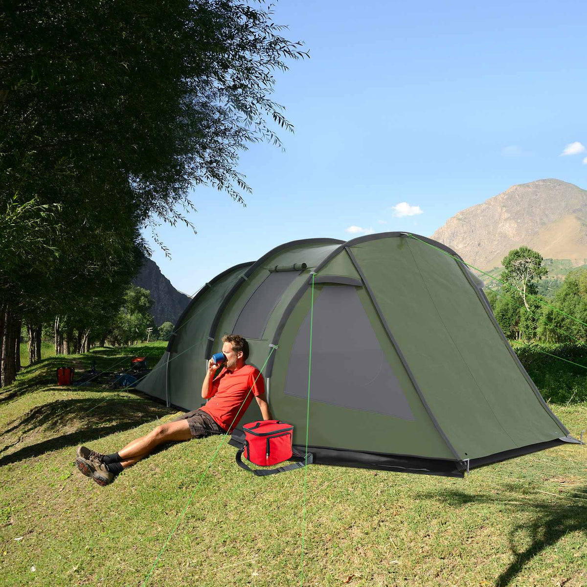 4 Person Tunnel Tent Camping Tent With Uv Protection Window Family Tent With Carry Bag 2000Mm Hydrostatic Head Trekking Green