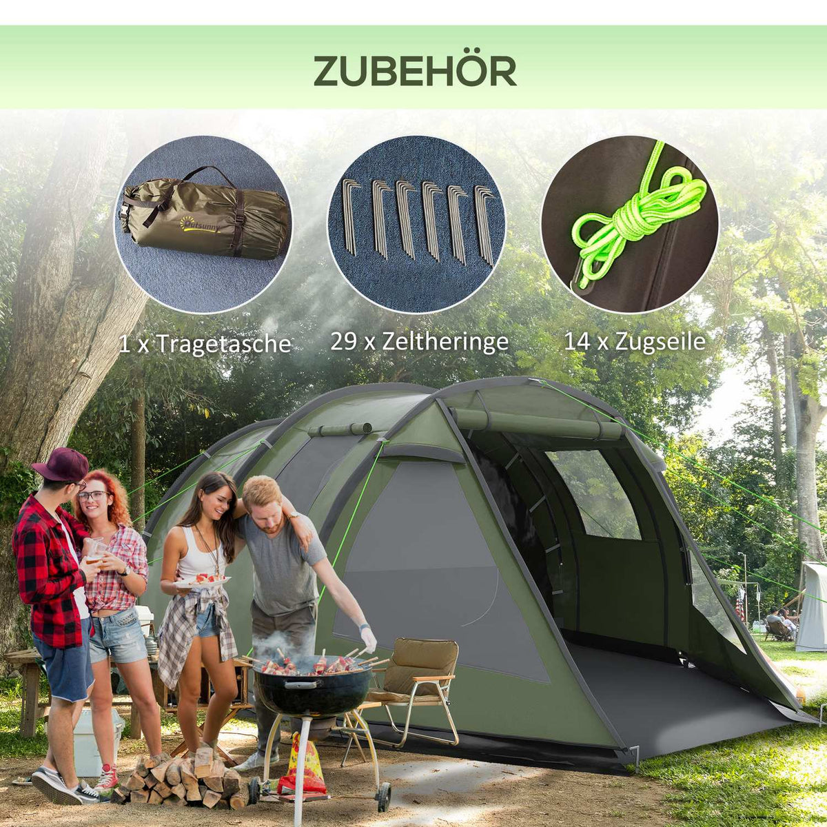 4 Person Tunnel Tent Camping Tent With Uv Protection Window Family Tent With Carry Bag 2000Mm Hydrostatic Head Trekking Green