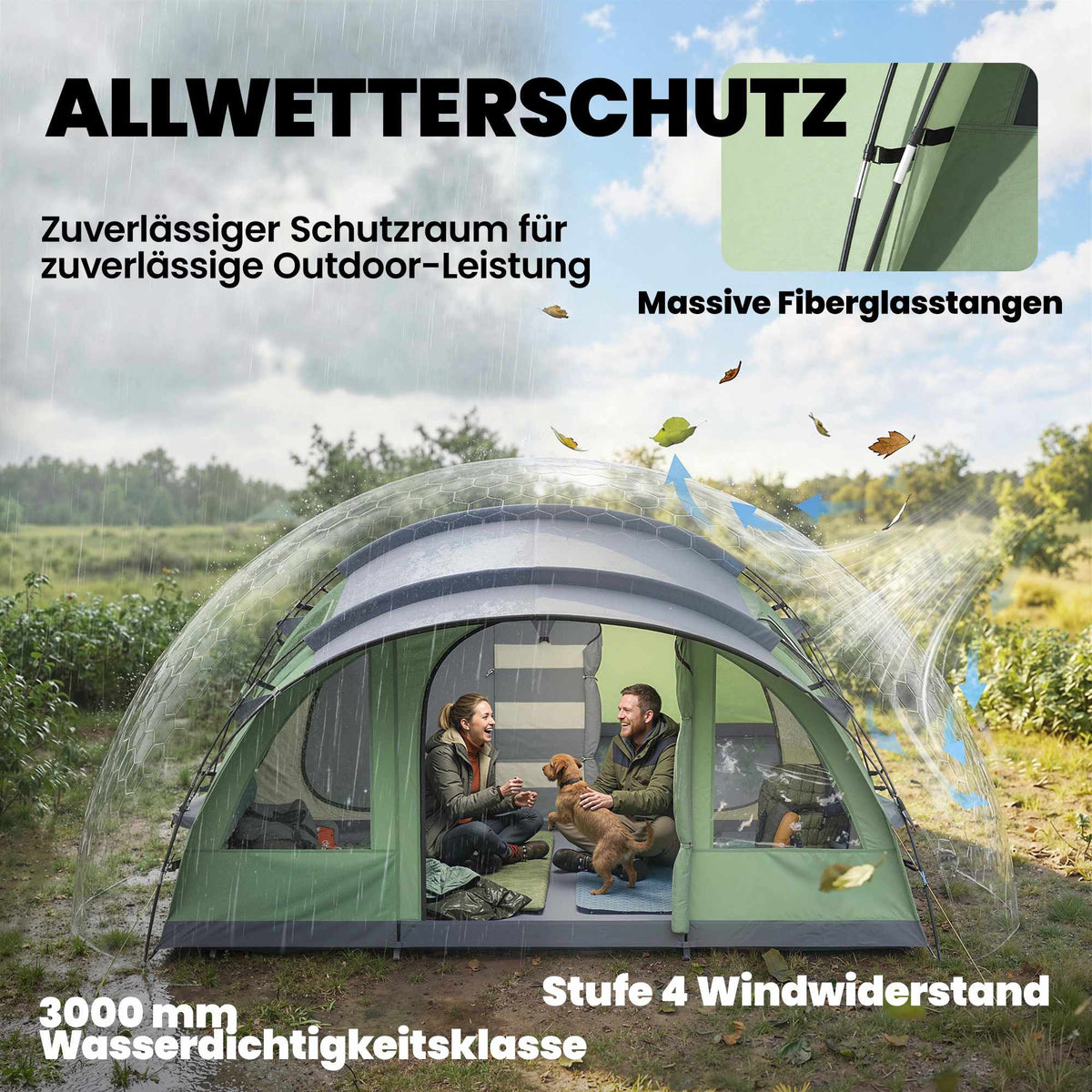 4-Person Tunnel Tent with 2 Rooms, 196cm Height, Waterproof
